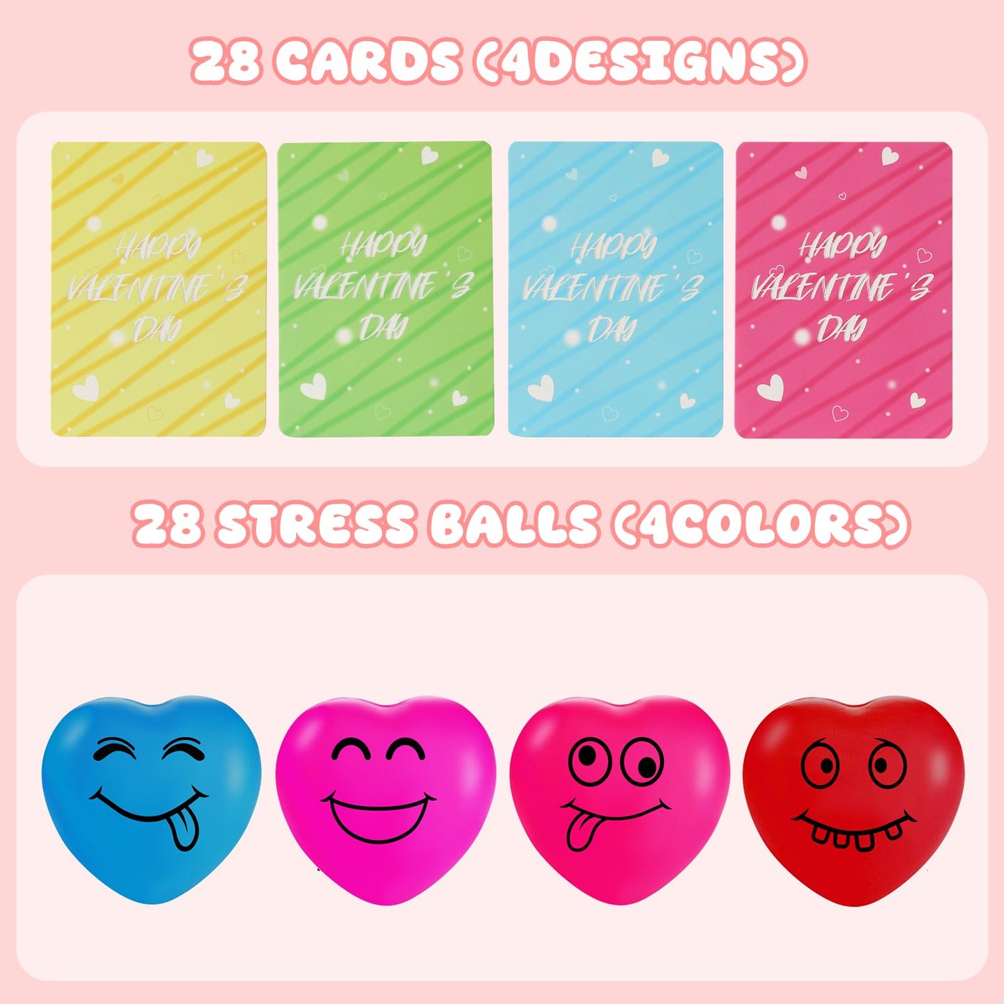 Drephere 28-Pack Valentines Day Gifts Kit – Smile Stress Balls, Cards & Bags for Classrooms