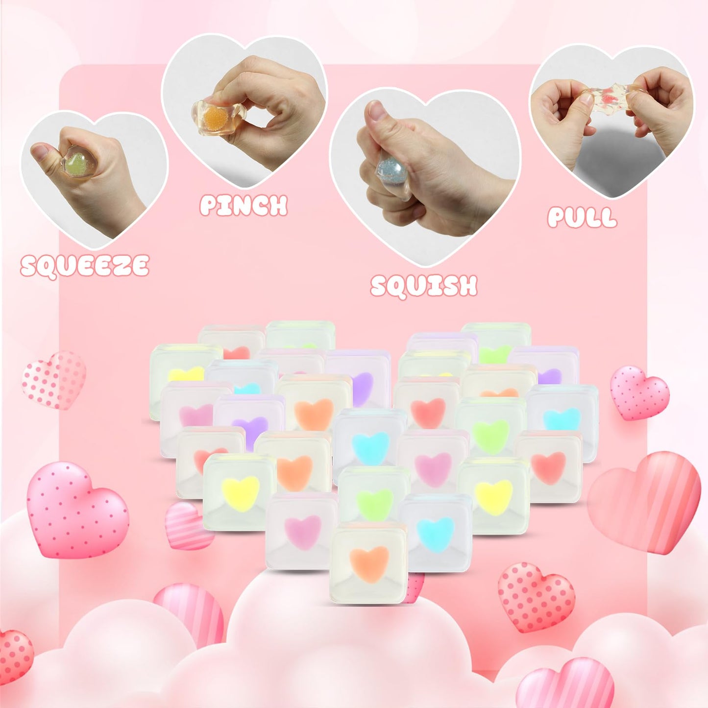 Drephere 28-Pack Valentines Squishy Heart Cubes | Sensory Fidget Toys for Adults & Kids