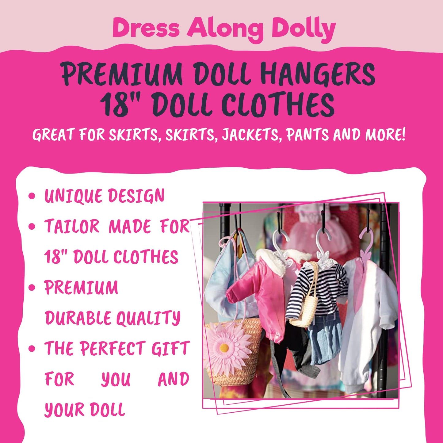 Dress Along Dolly 18-Inch Doll Outfit Hangers – 12pk Purple | Top & Bottom on One Hanger (Fits American Girl Dolls)