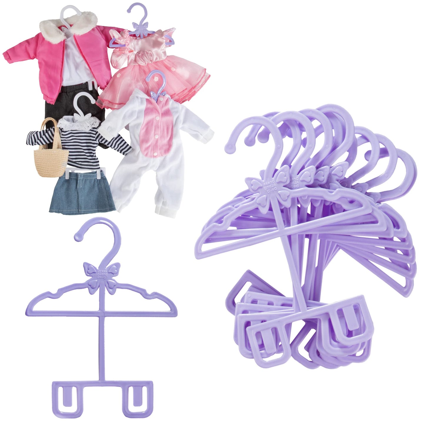 Dress Along Dolly 18-Inch Doll Outfit Hangers – 12pk Purple | Top & Bottom on One Hanger (Fits American Girl Dolls)