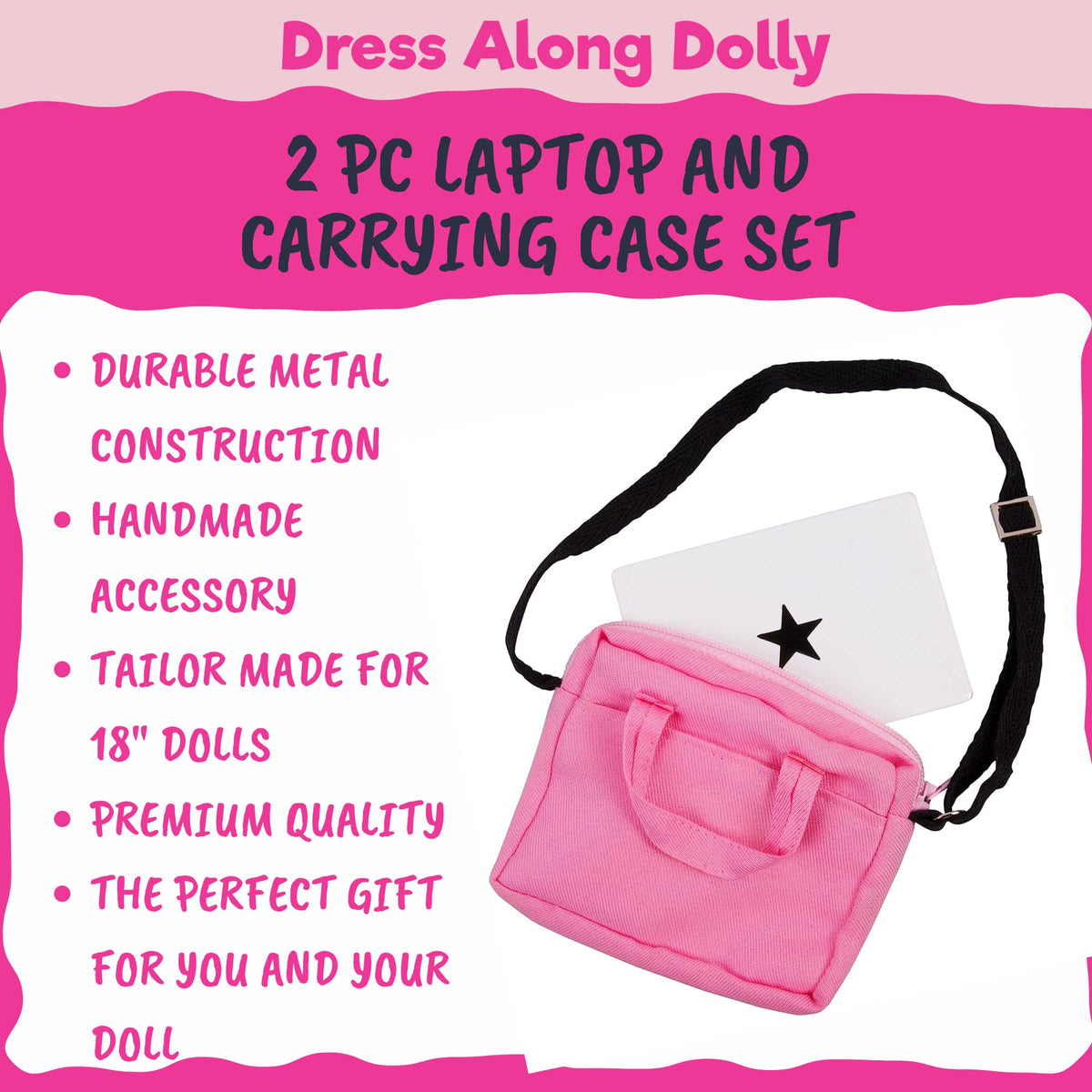 Dress Along Dolly Metal Laptop with Pink Carrying Bag for 18-Inch Dolls – Durable Doll Computer Gift Set