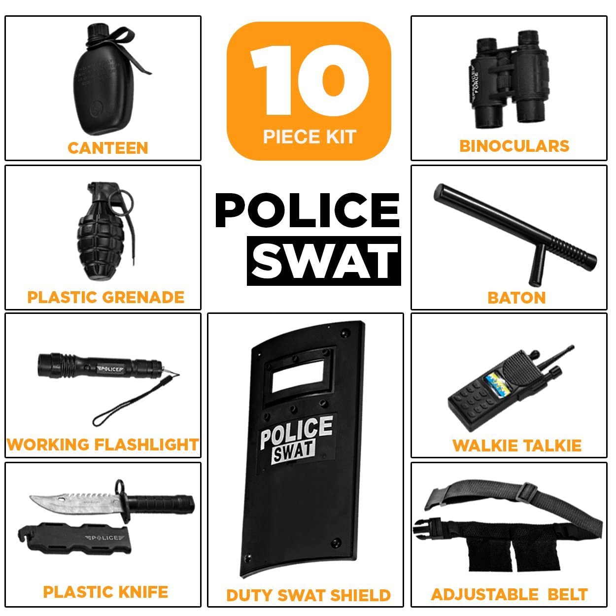Dress Up America Police Officer SWAT Role Play Set for Kids – Realistic 10-Piece Police Toy Kit
