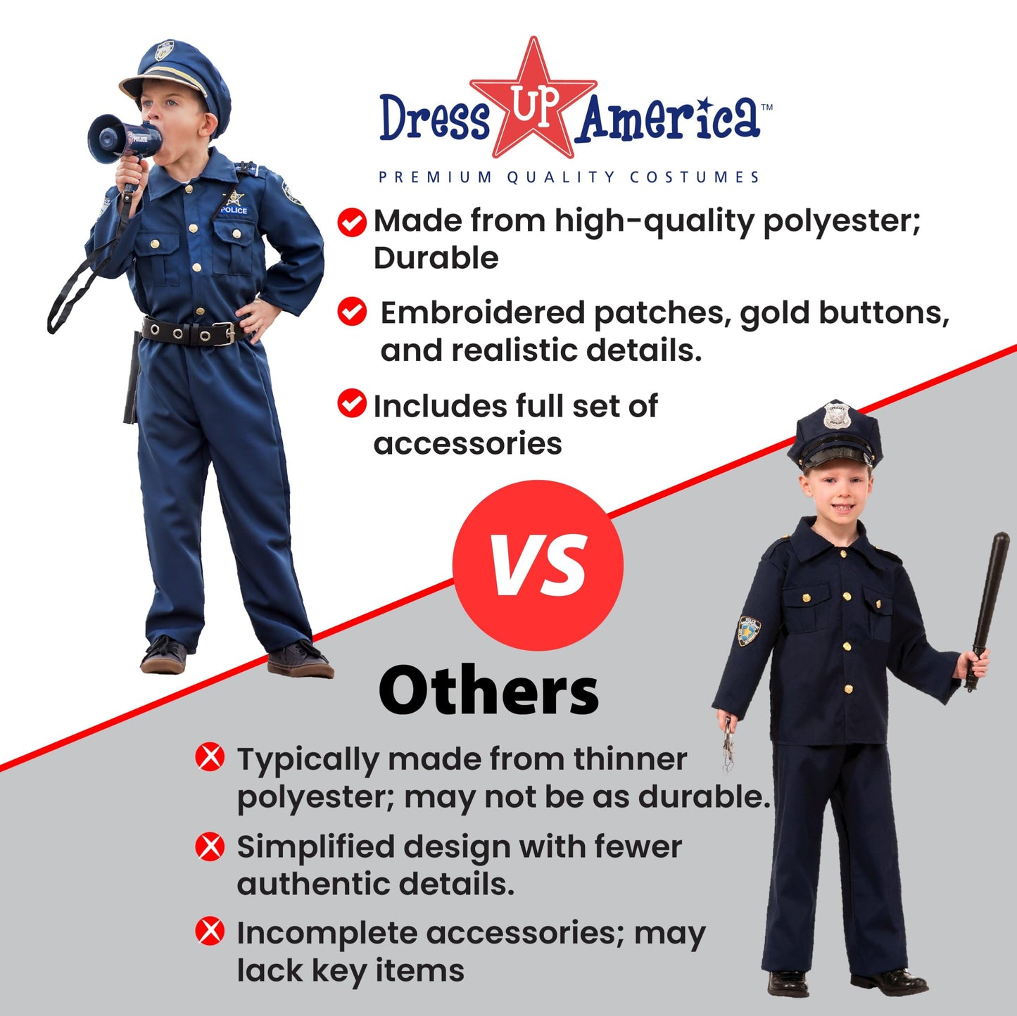 Dress Up America Police Costume for Kids – Realistic Cop Uniform with Shirt, Pants, Hat & Accessories