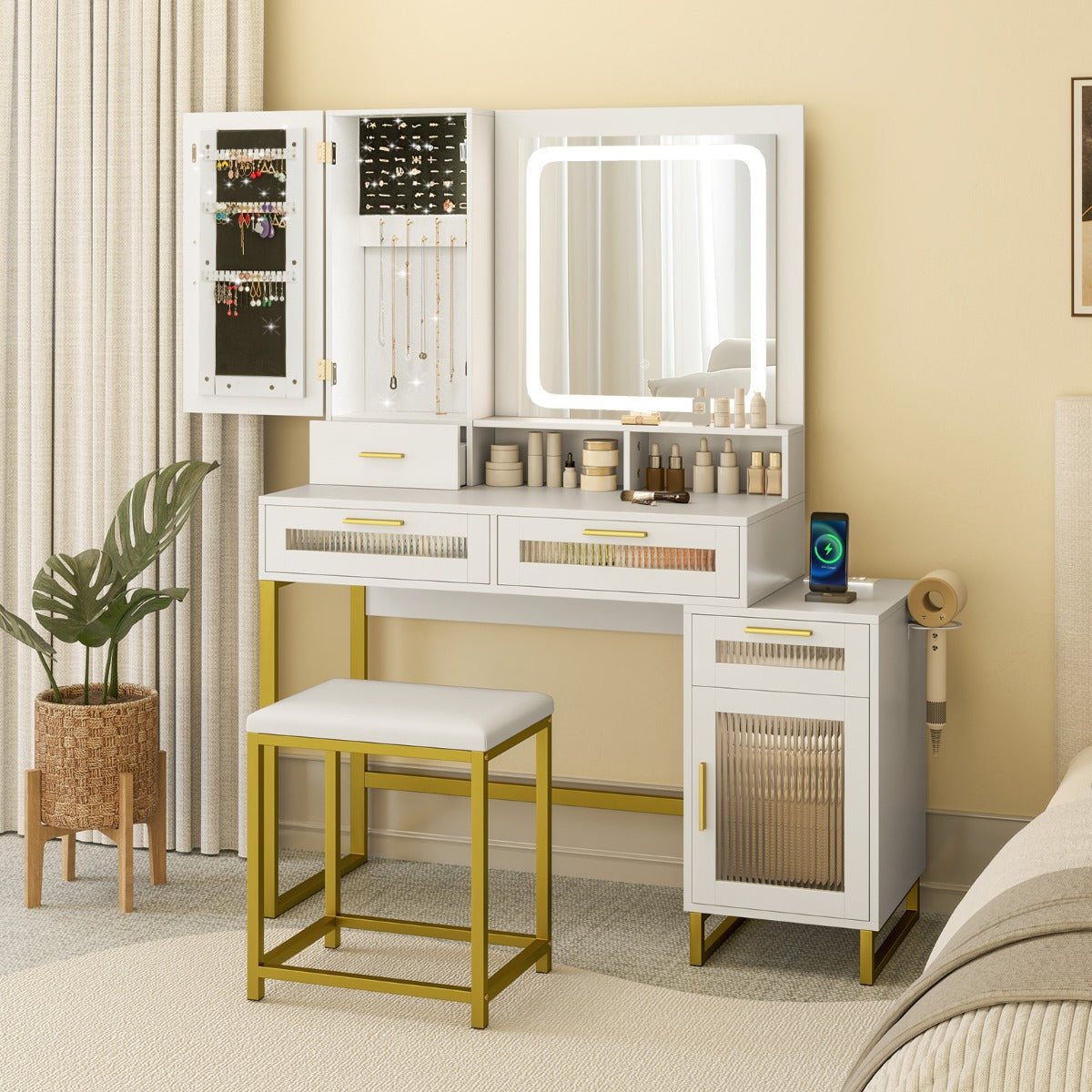 Dressing Table and Chair Set with 3 Lighting Modes and Adjustable Brightness-White