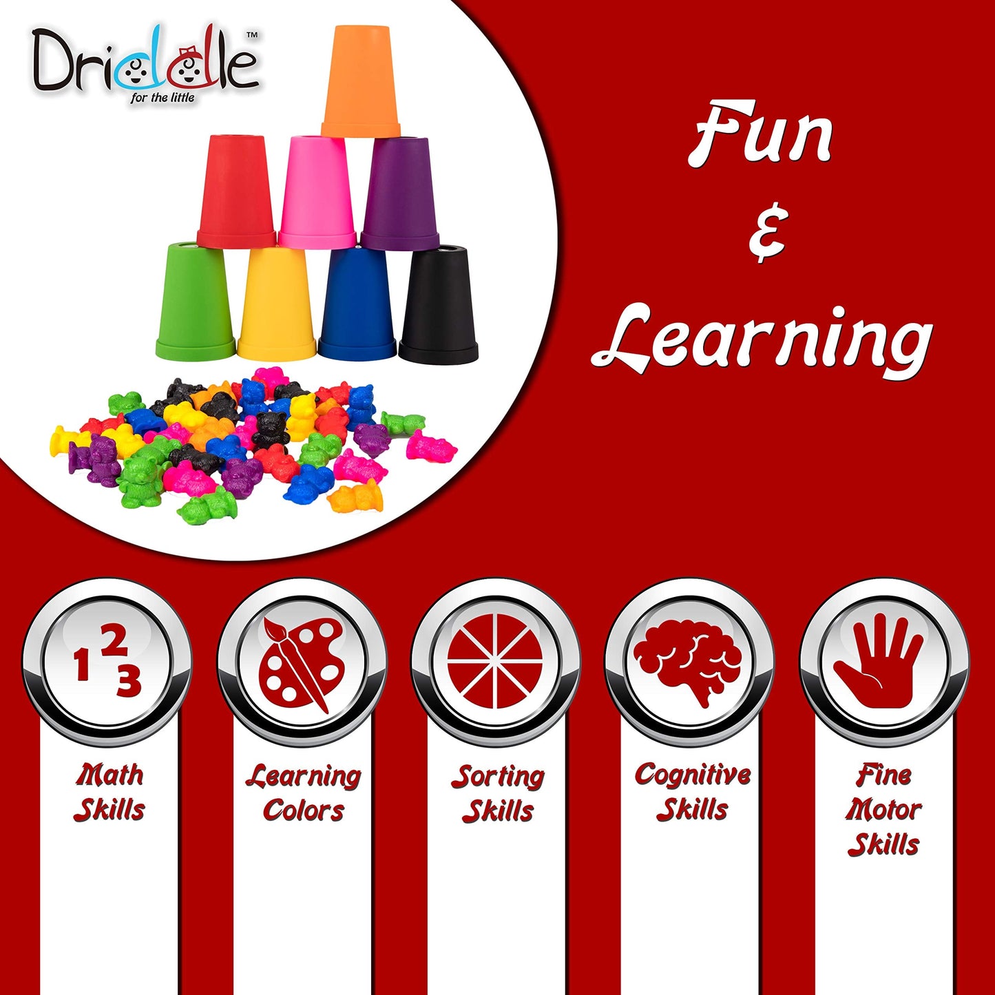 Driddle Colorful Counting Bears with Matching Cups – 80 Bear Montessori Math Toy