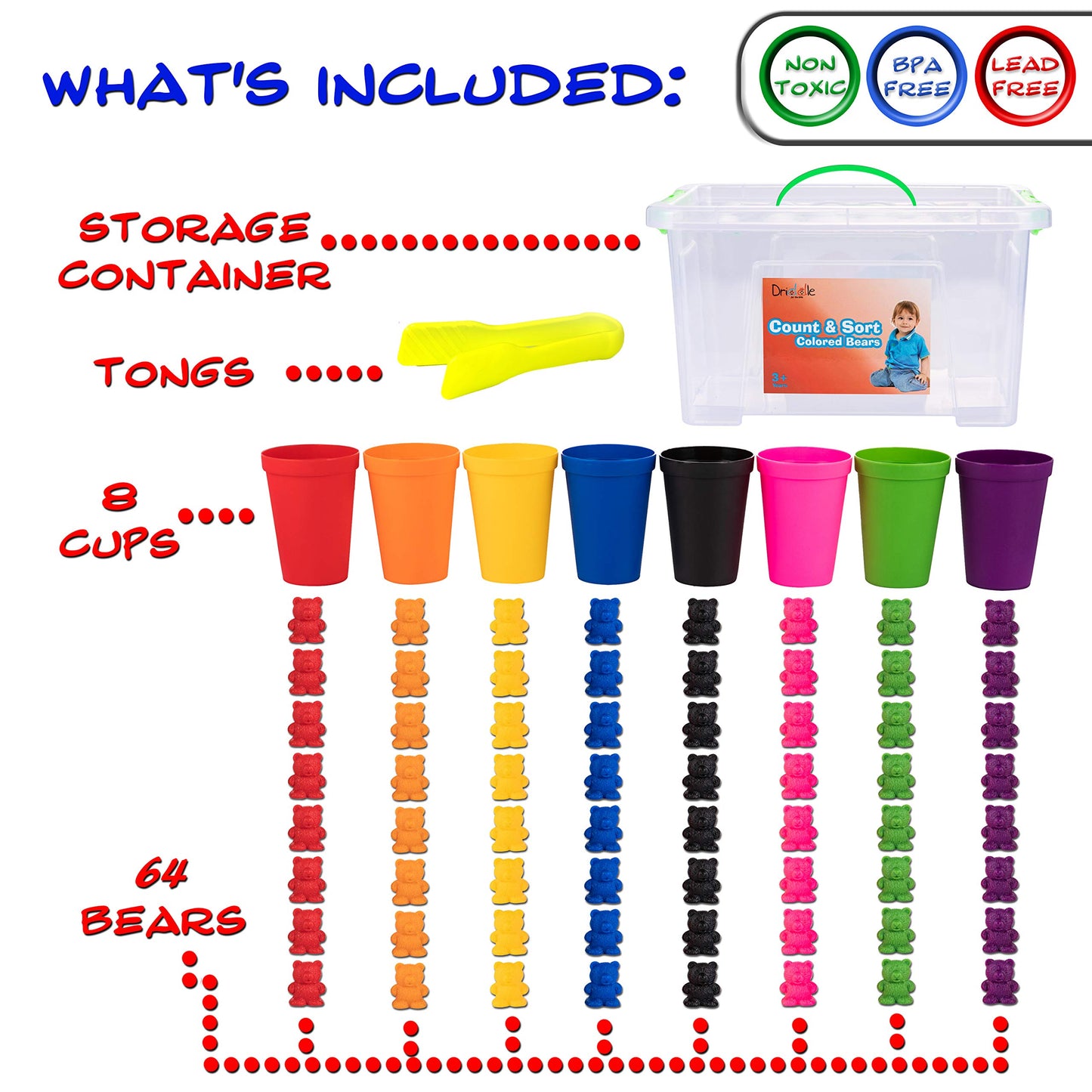Driddle Colorful Counting Bears with Matching Cups – 80 Bear Montessori Math Toy