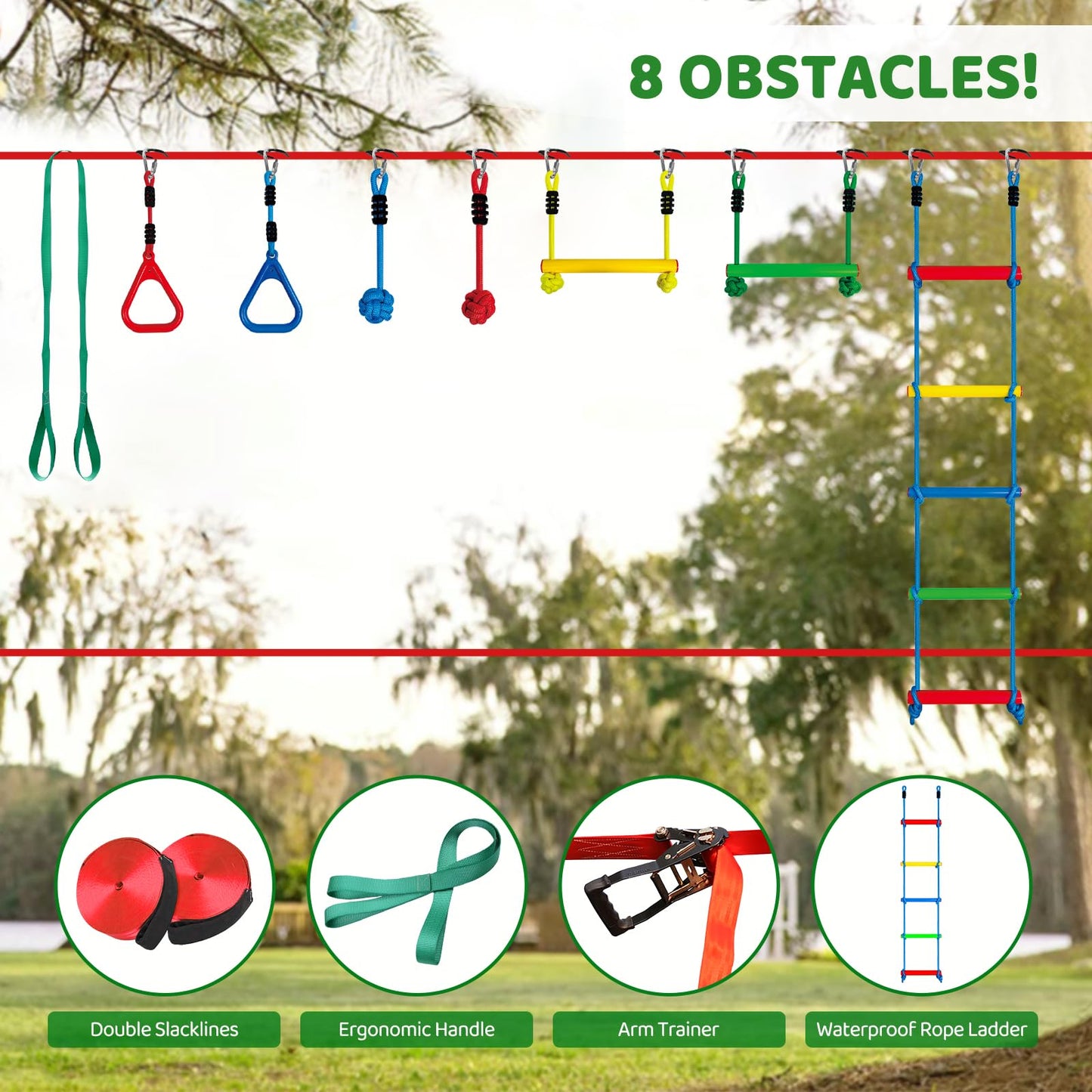 Dripex Ninja Warrior Obstacle Course for Kids | 2×50ft Slacklines & 8 Ninja Accessories