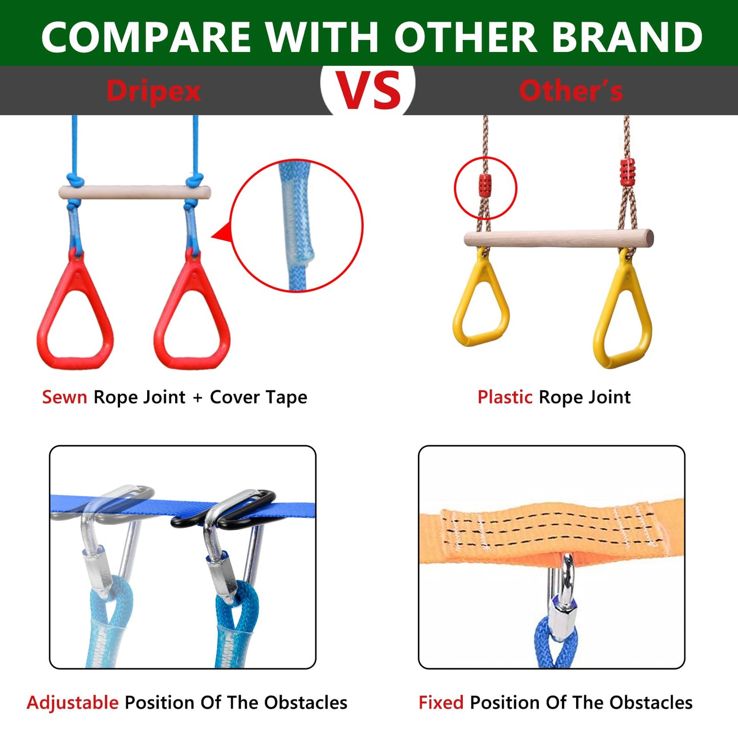 Dripex Ninja Warrior Obstacle Course for Kids Backyard – 2×65ft Slackline Kit with 10 Accessories