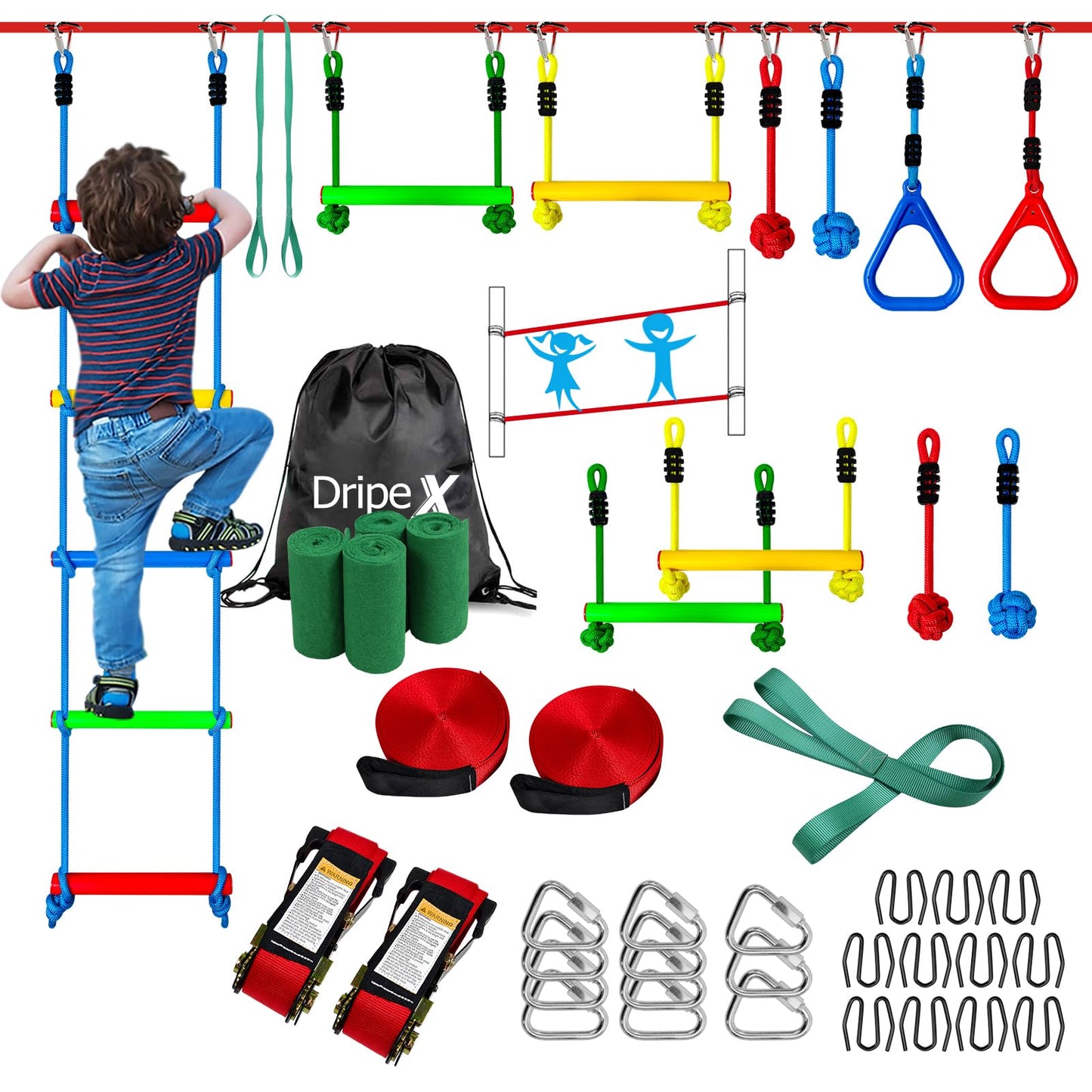 Dripex Ninja Warrior Obstacle Course for Kids | 2×50ft Slacklines & 8 Ninja Accessories