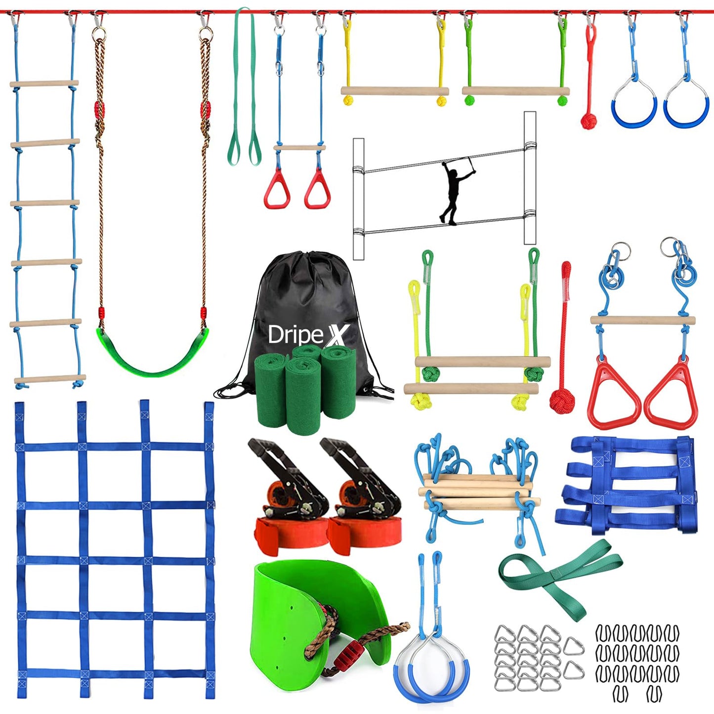 Dripex Ninja Warrior Obstacle Course for Kids Backyard – 2×65ft Slackline Kit with 10 Accessories