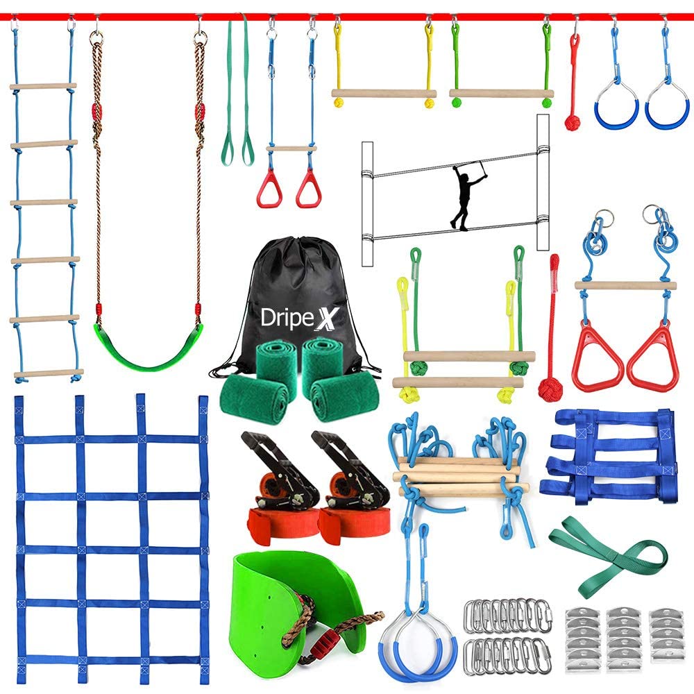 Dripex Ninja Warrior Obstacle Course for Kids | Backyard Slackline Kit (2×50ft)