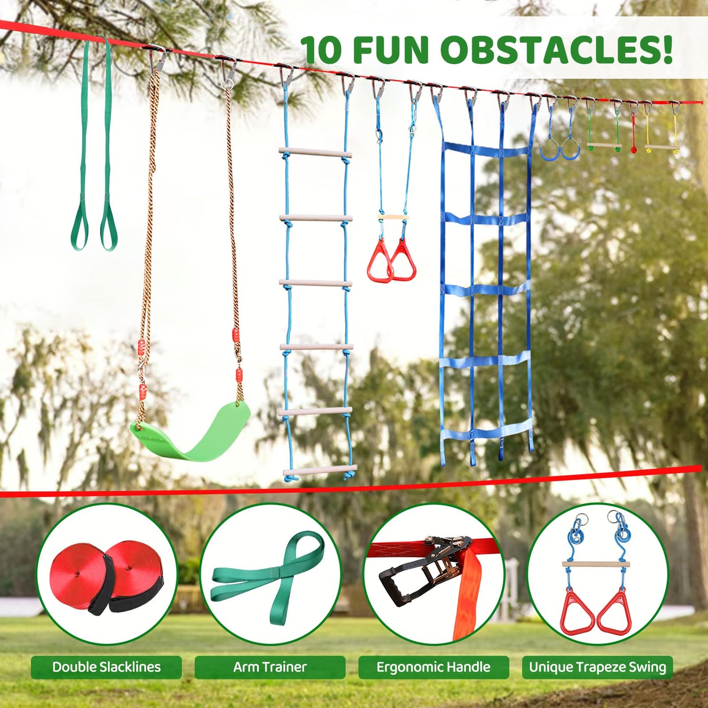Dripex Ninja Warrior Obstacle Course for Kids Backyard – 2×65ft Slackline Kit with 10 Accessories