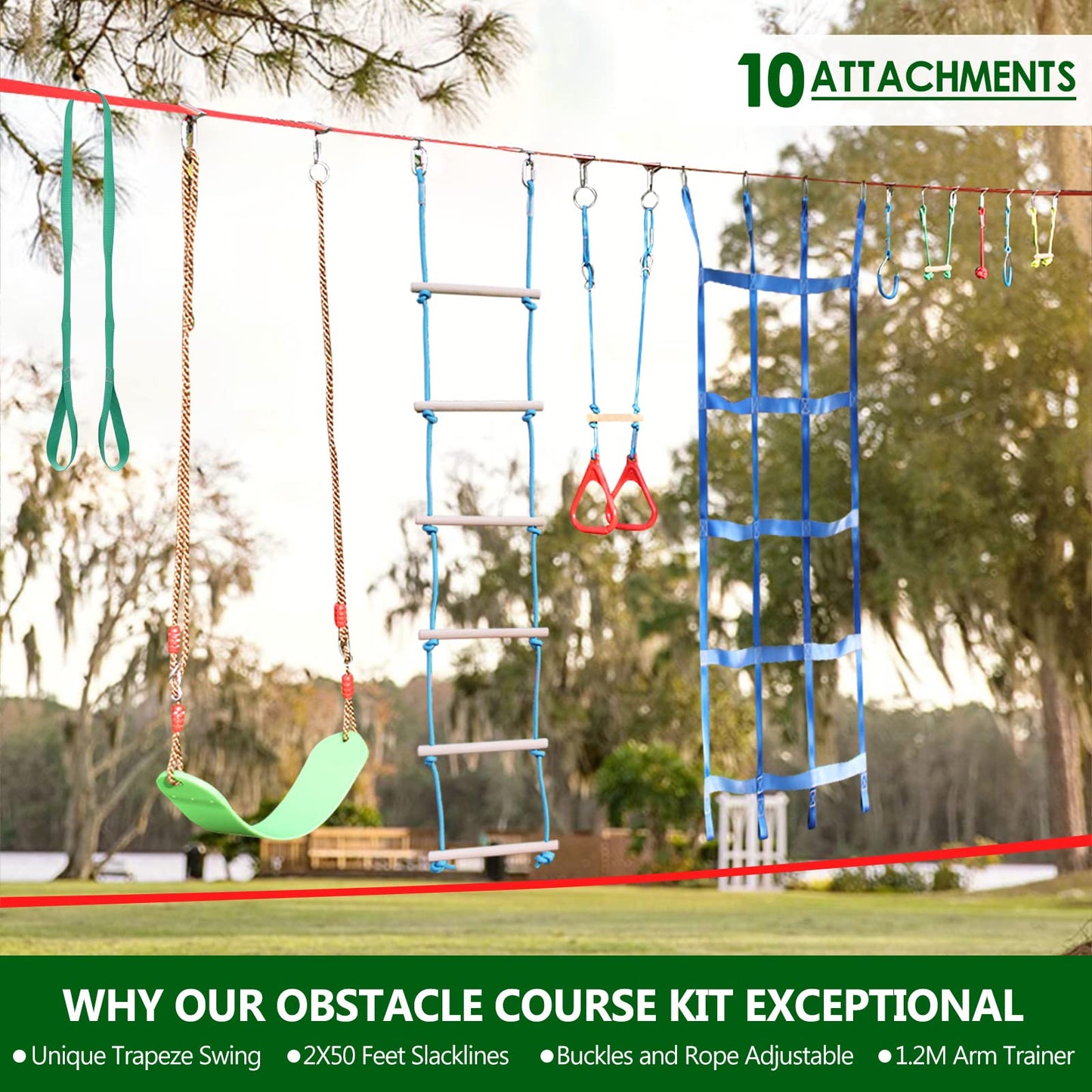 Dripex Ninja Warrior Obstacle Course for Kids | Backyard Slackline Kit (2×50ft)