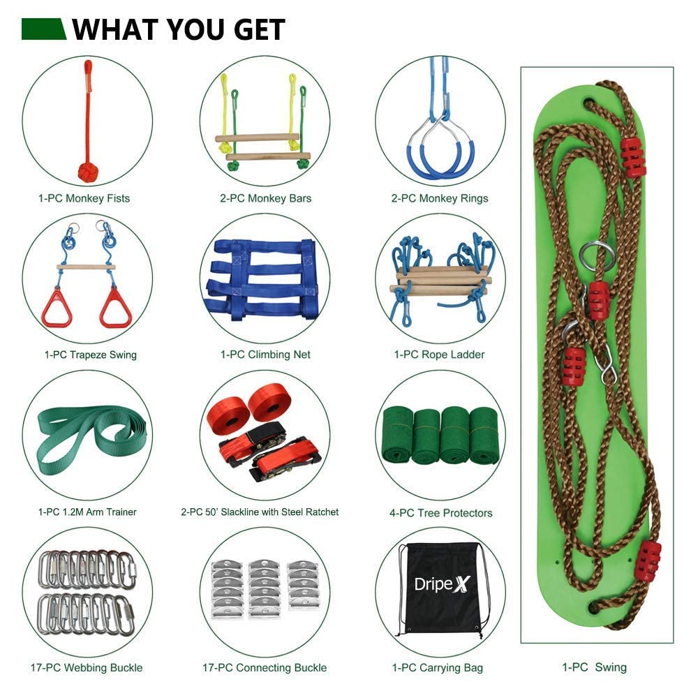 Dripex Ninja Warrior Obstacle Course for Kids | Backyard Slackline Kit (2×50ft)
