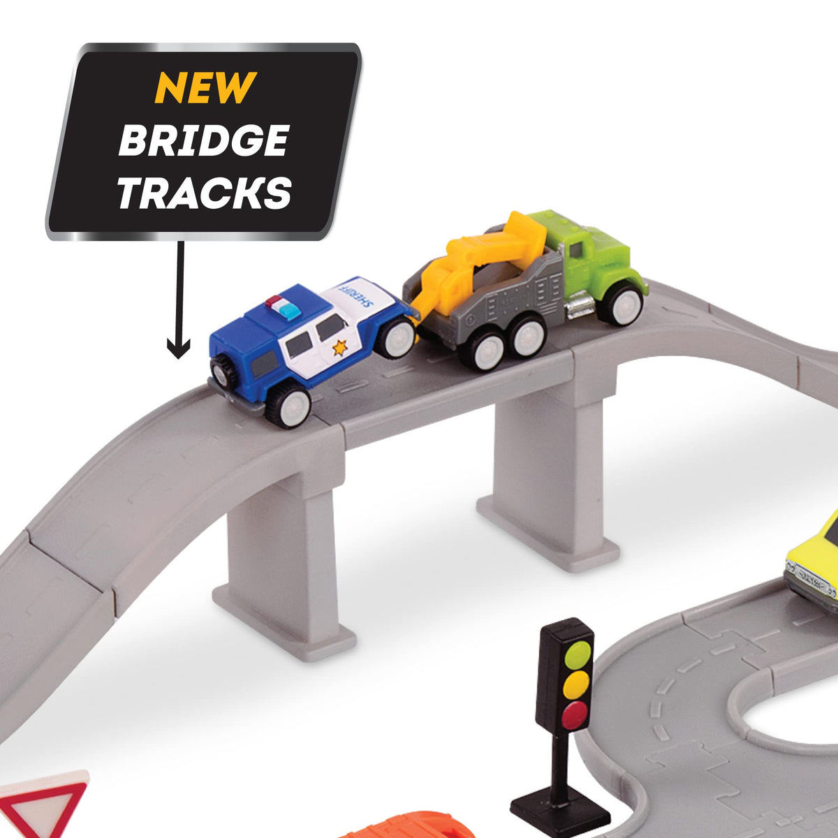 Driven by Battat – 57-Piece City Crew Pocket Playset with Tracks, Vehicles & Bridge