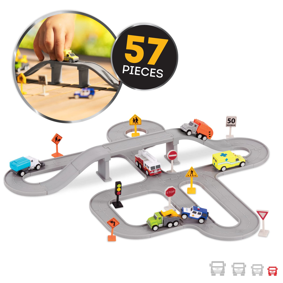 Driven by Battat – 57-Piece City Crew Pocket Playset with Tracks, Vehicles & Bridge
