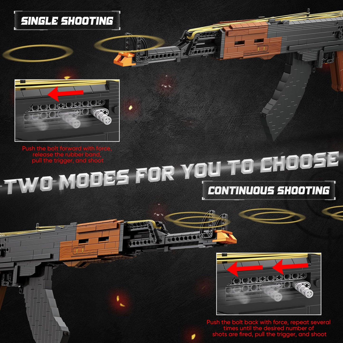 Driveplexpro AKM-47 1:1 Building Block Gun | Rubber Band Firing Model | 1166 Pcs