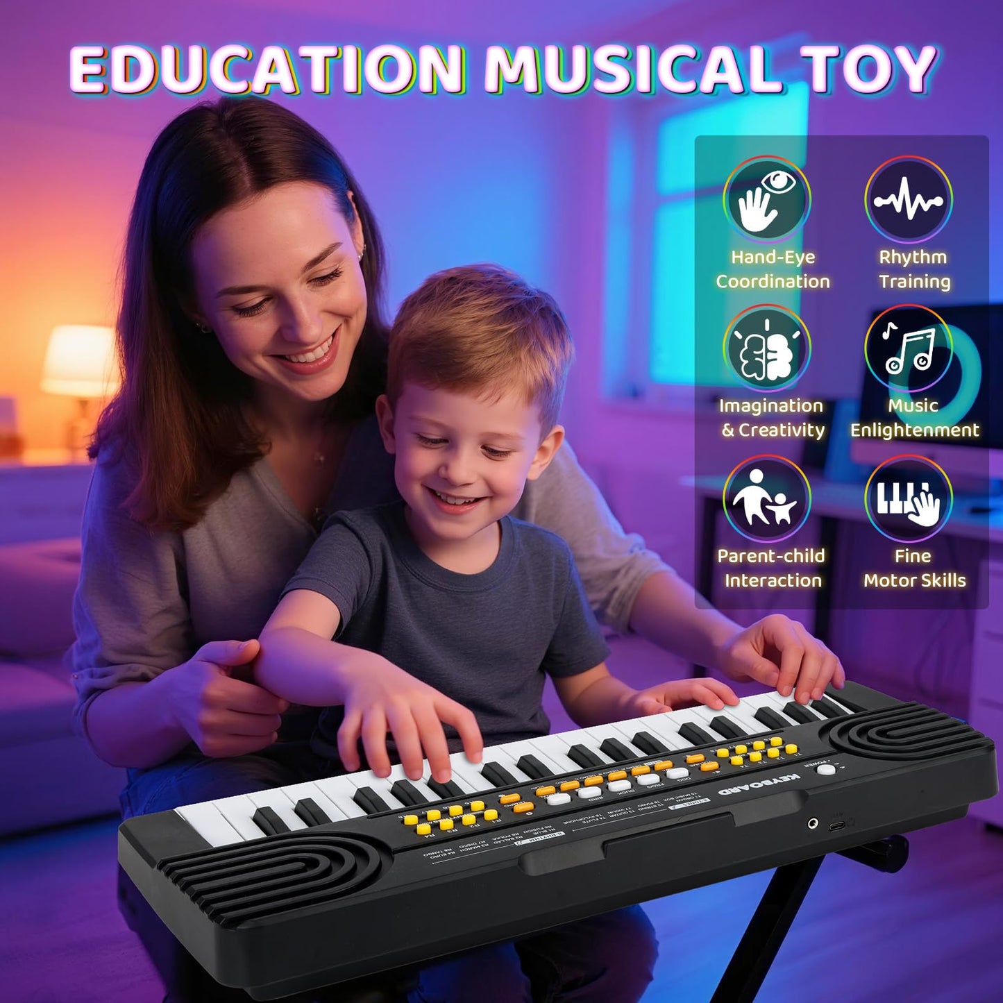 Drmukie 37-Key Piano Keyboard Toy for Kids Aged 3-5 – Black Portable Piano with Microphone
