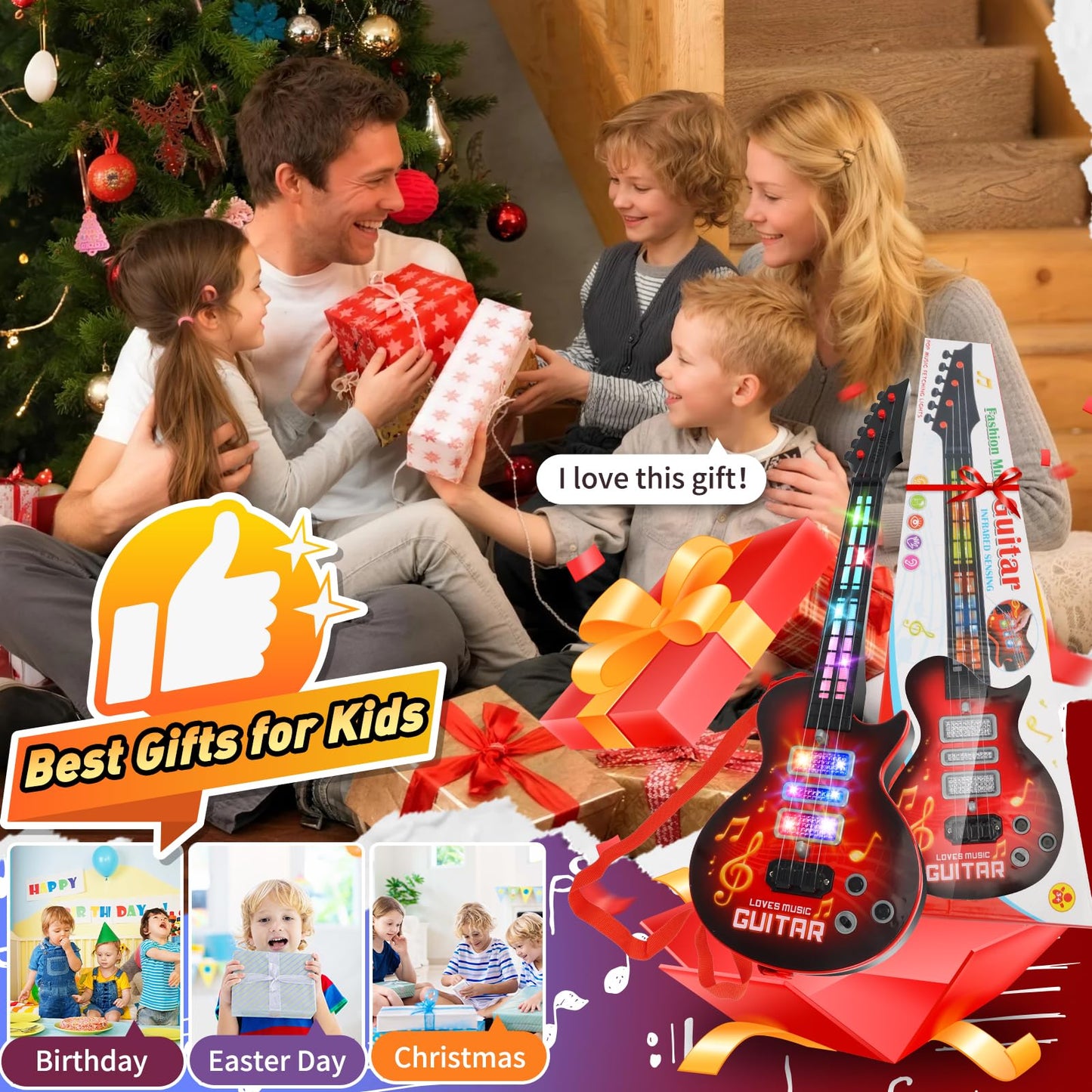 Drmukie Kids Guitar Toy – 21-Inch Light-Up 4-String Electric Guitar for Toddlers (Ages 3-6) – Red