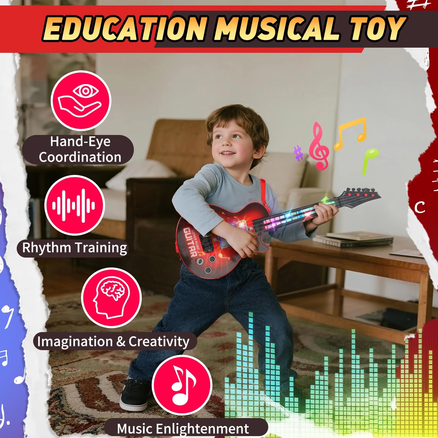Drmukie Kids Guitar Toy – 21-Inch Light-Up 4-String Electric Guitar for Toddlers (Ages 3-6) – Red