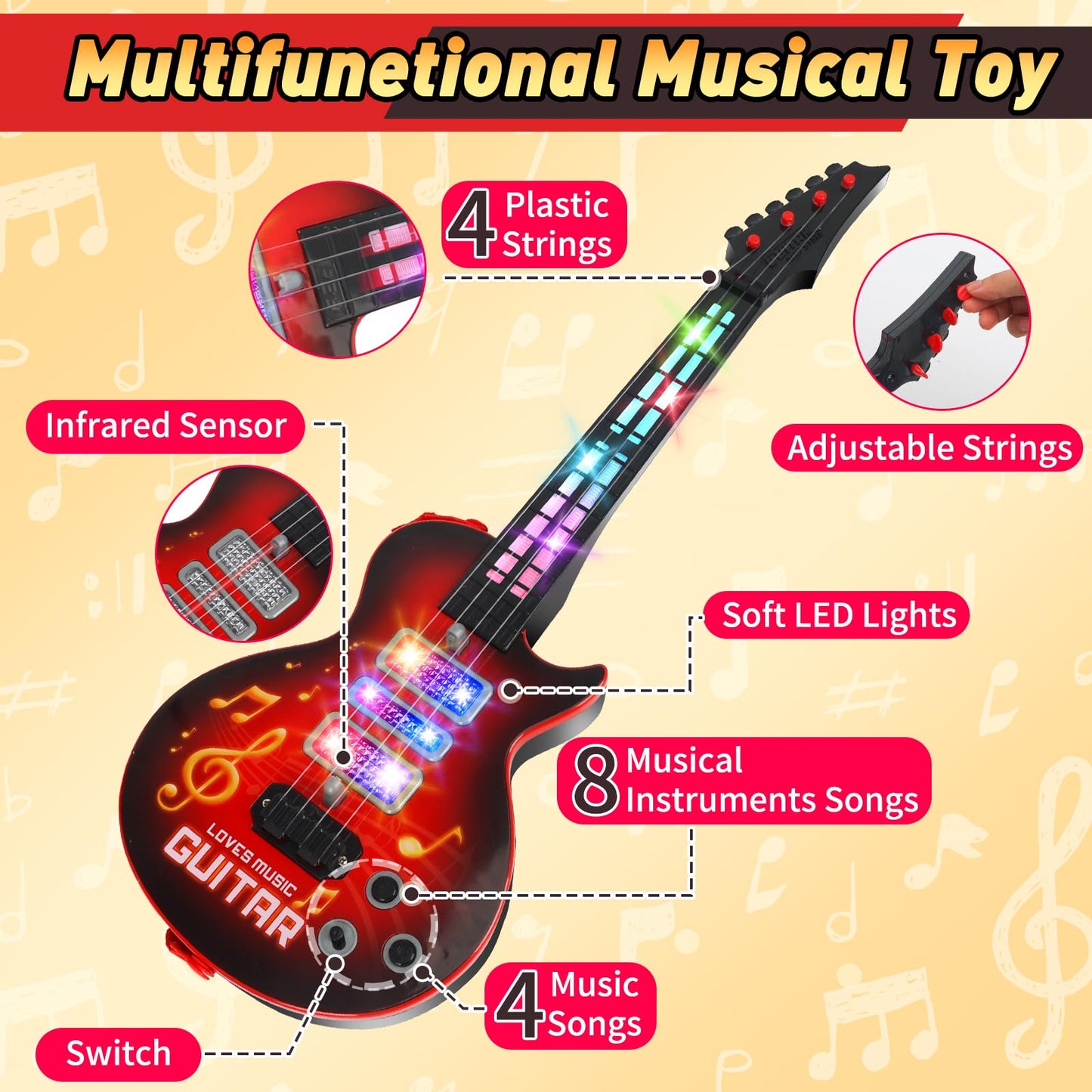 Drmukie Kids Guitar Toy – 21-Inch Light-Up 4-String Electric Guitar for Toddlers (Ages 3-6) – Red