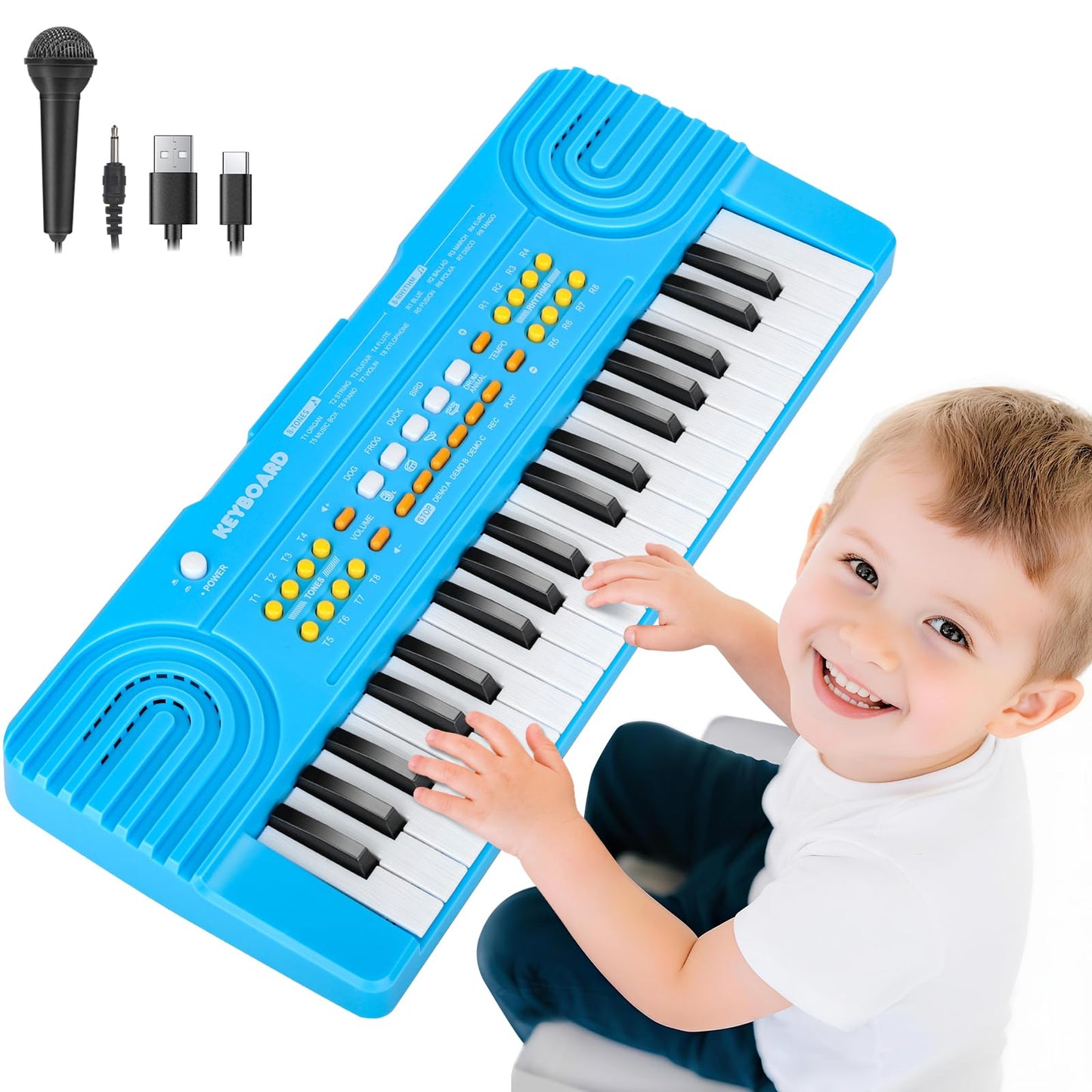Drmukie Kids 37-Key Piano Keyboard Toy with Microphone – Blue (Ages 3-7)