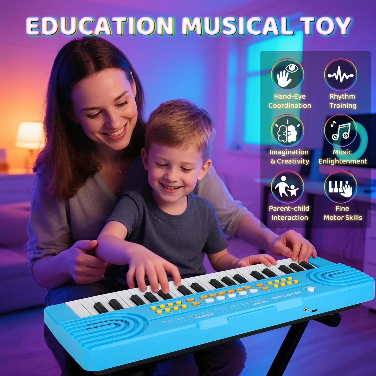 Drmukie Kids 37-Key Piano Keyboard Toy with Microphone – Blue (Ages 3-7)
