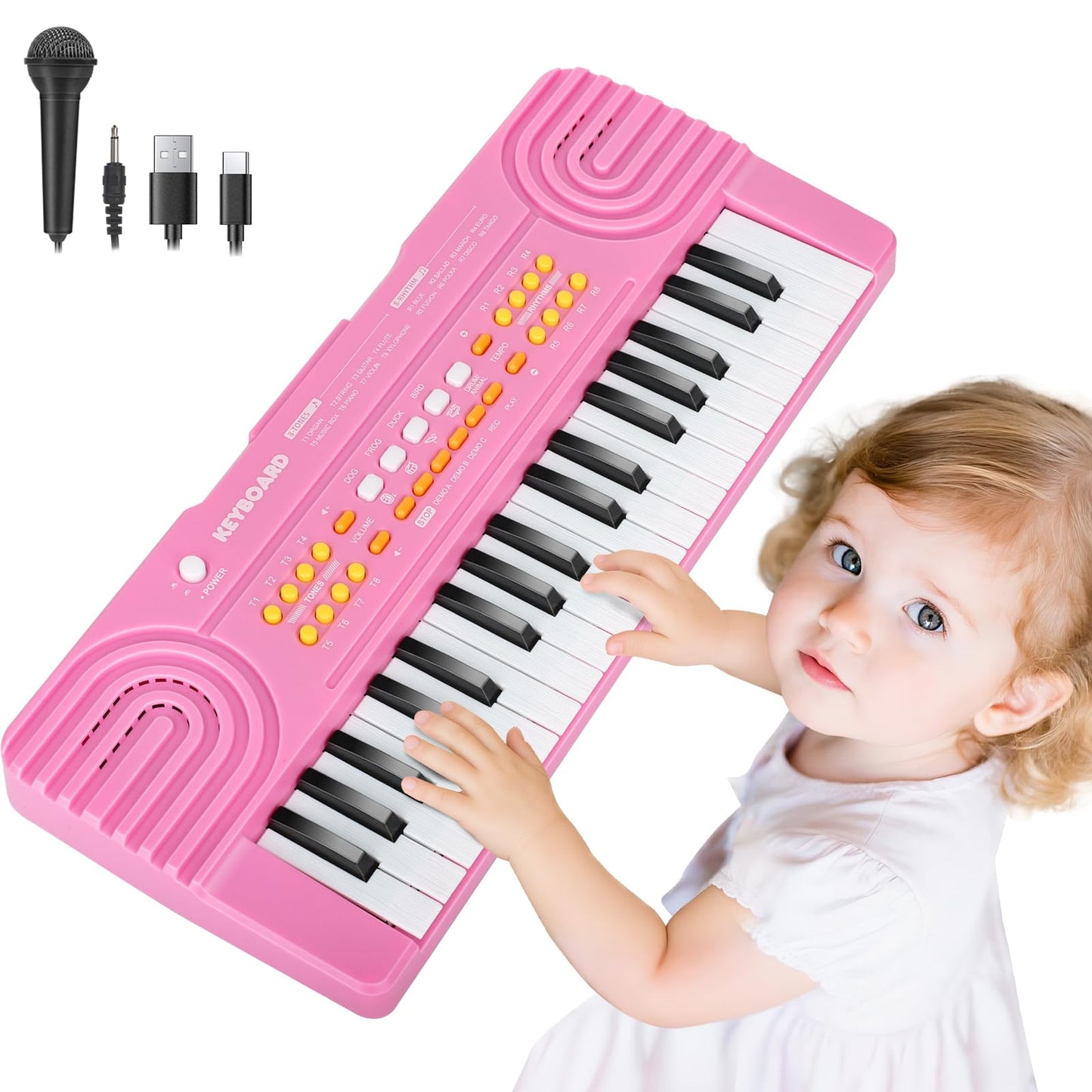 Drmukie Kids Piano Keyboard Toy - Pink 37-Key with Microphone | Great Gift for 3-7 Year Olds