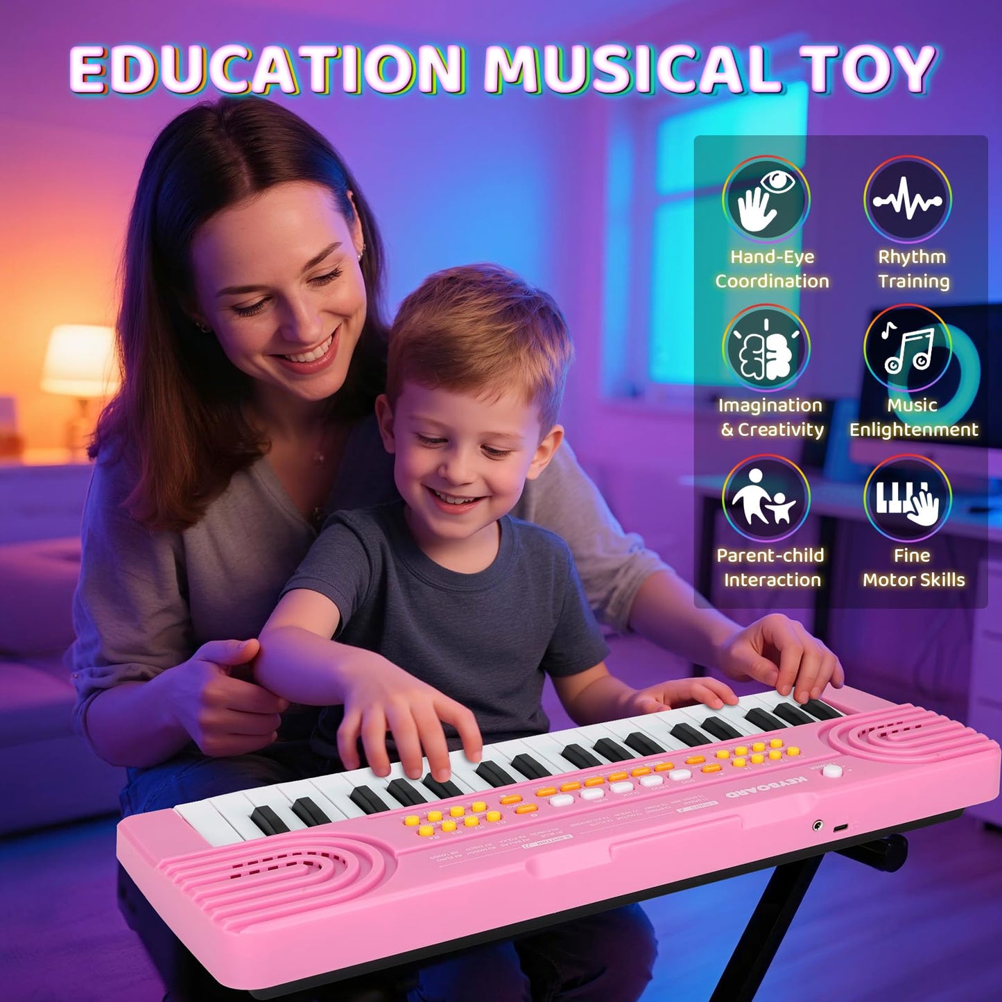Drmukie Kids Piano Keyboard Toy - Pink 37-Key with Microphone | Great Gift for 3-7 Year Olds