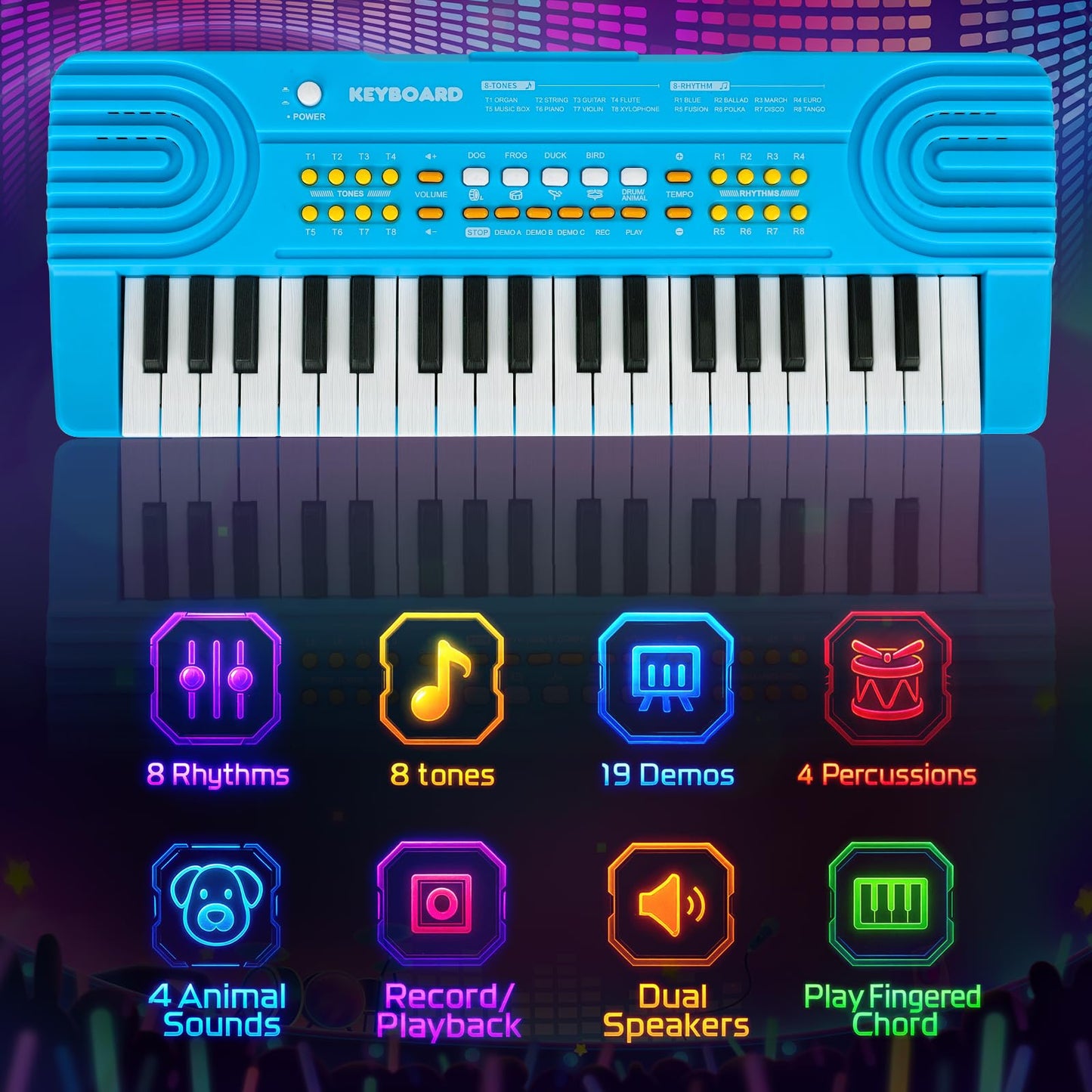 Drmukie Kids 37-Key Piano Keyboard Toy with Microphone – Blue (Ages 3-7)