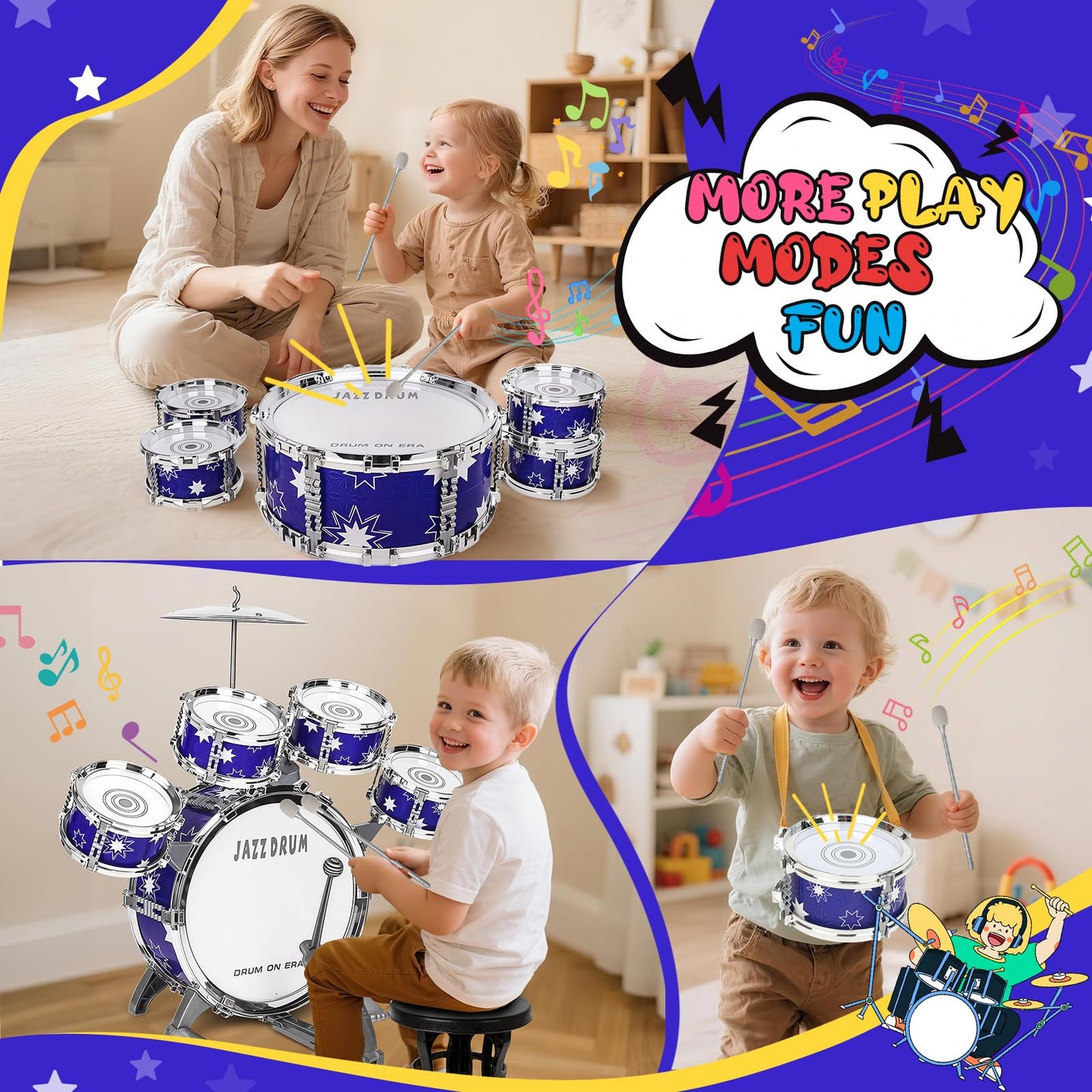 Drmukie Upgraded Drum Set for Toddlers – Jazz Kit with Stool for 3-5 Year Olds