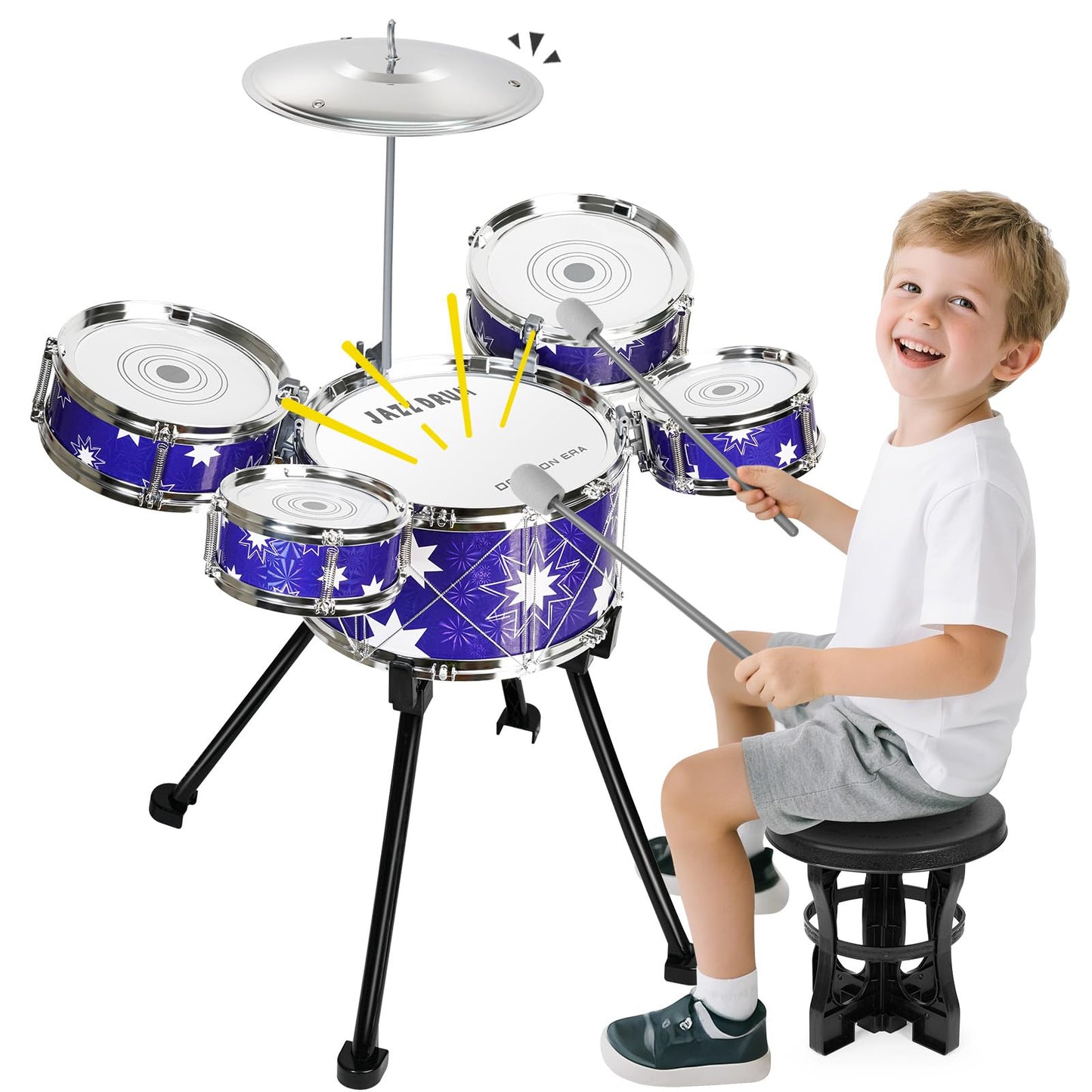 Drmukie Upgraded Toddler Drum Set – 5 Mini Tom Toms, Foam-Tipped Sticks, Stool