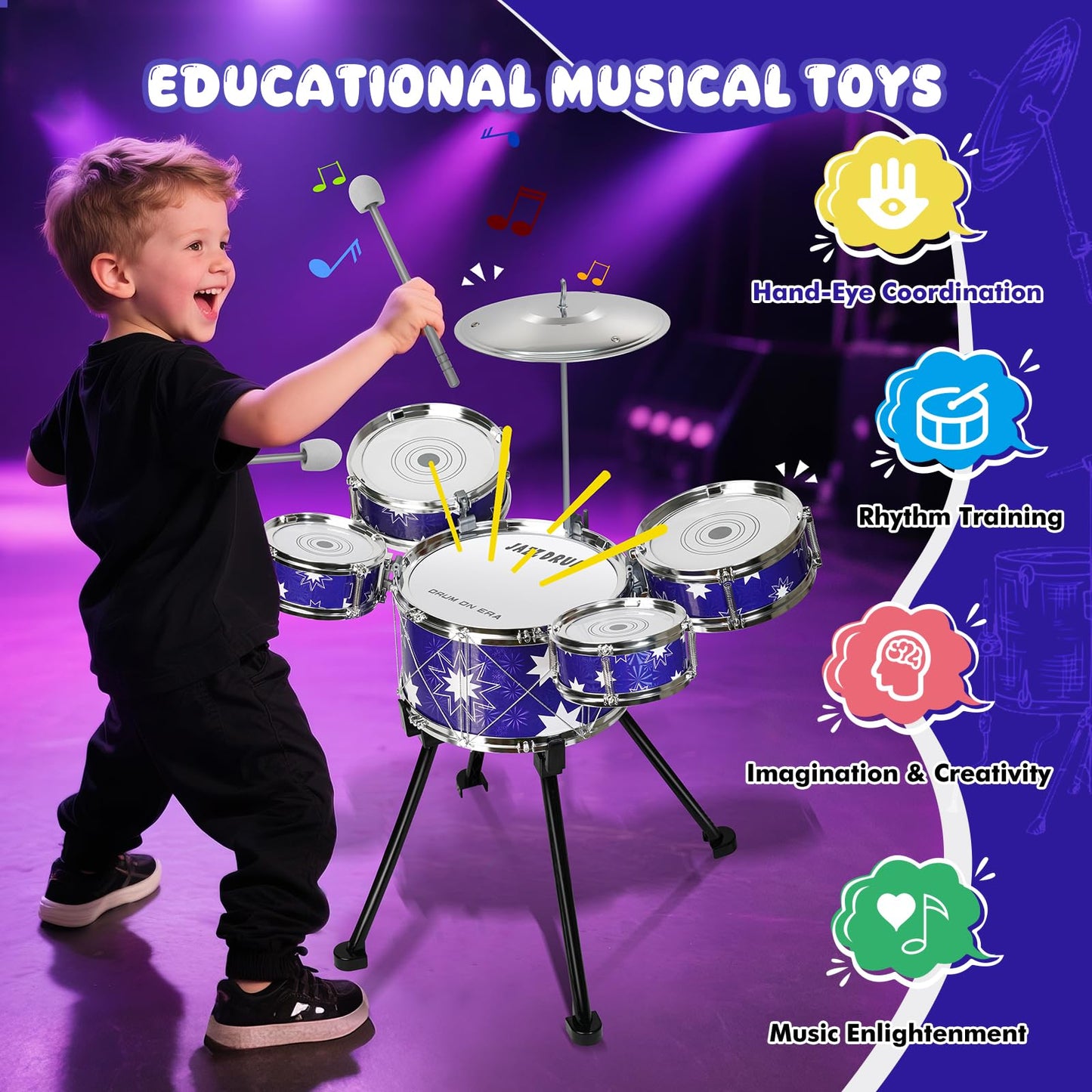 Drmukie Upgraded Toddler Drum Set – 5 Mini Tom Toms, Foam-Tipped Sticks, Stool