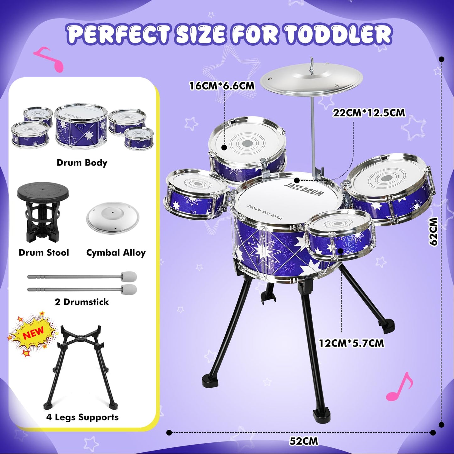 Drmukie Upgraded Toddler Drum Set – 5 Mini Tom Toms, Foam-Tipped Sticks, Stool