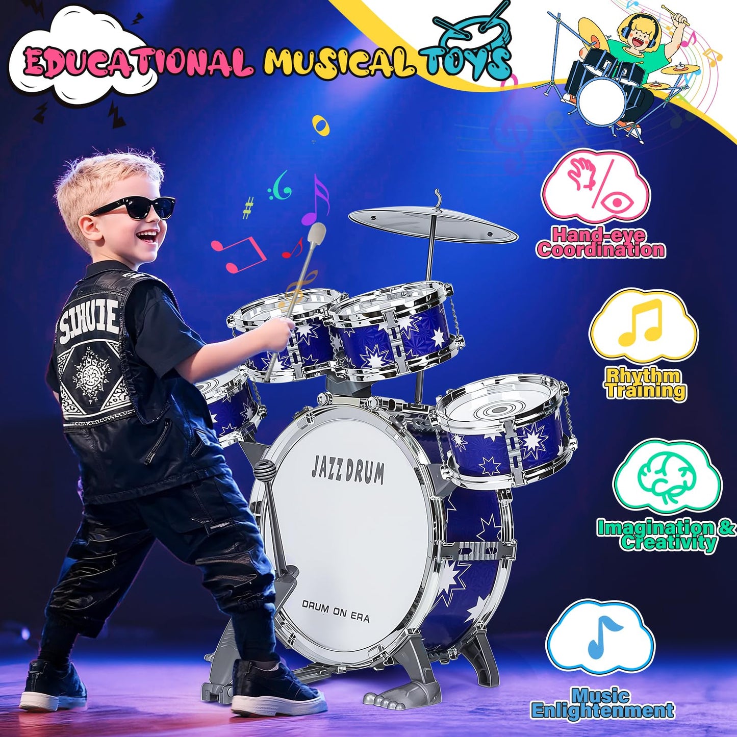 Drmukie Upgraded Drum Set for Toddlers – Jazz Kit with Stool for 3-5 Year Olds