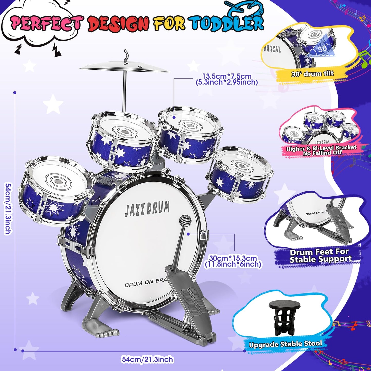 Drmukie Upgraded Drum Set for Toddlers – Jazz Kit with Stool for 3-5 Year Olds