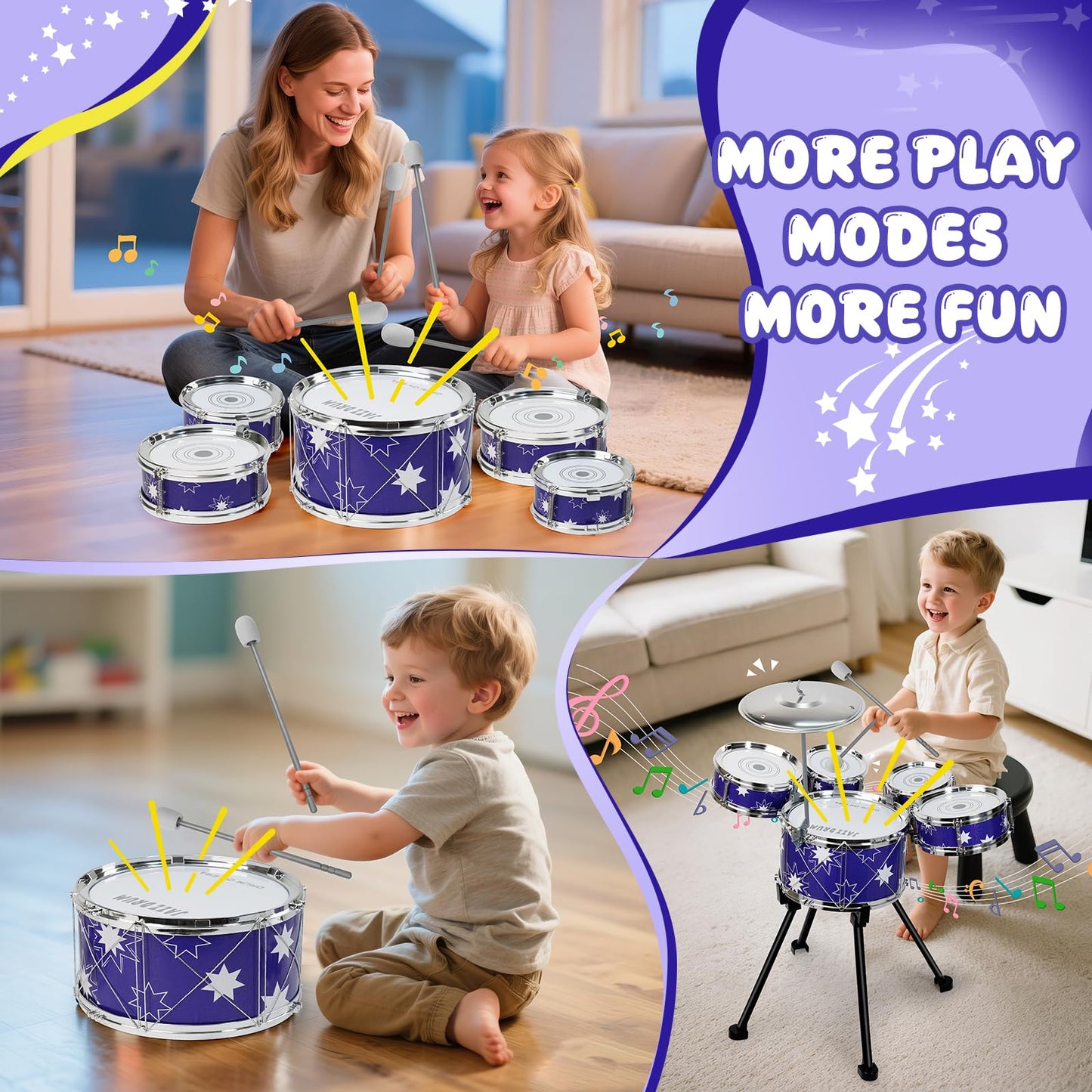 Drmukie Upgraded Toddler Drum Set – 5 Mini Tom Toms, Foam-Tipped Sticks, Stool