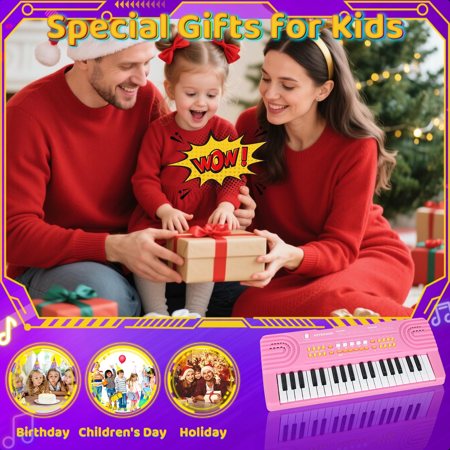 Drmukie Kids Piano Keyboard Toy - Pink 37-Key with Microphone | Great Gift for 3-7 Year Olds