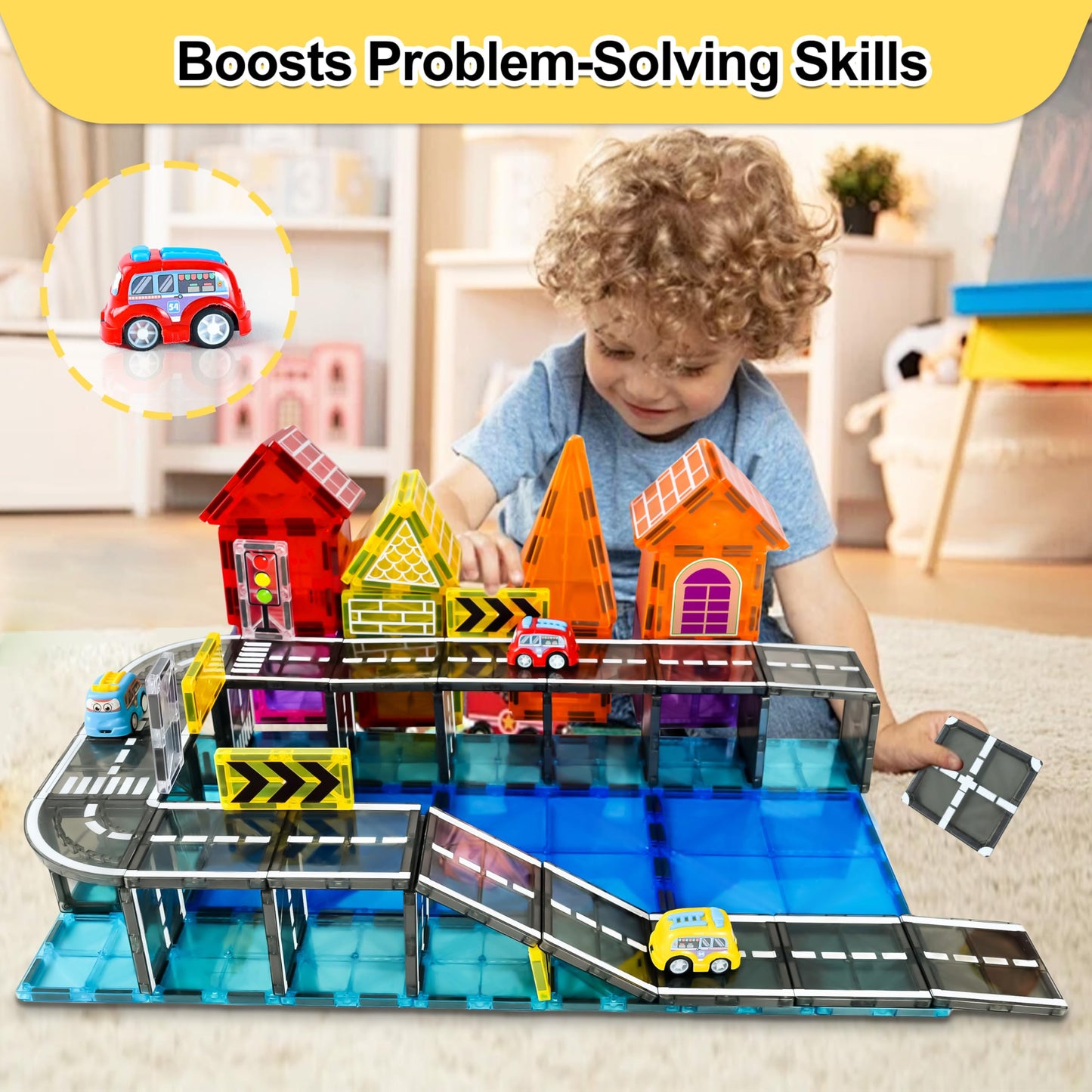 Drofex 82pcs Magnetic Tiles Road Set – STEM Building Toys for Kids 3+ | 100% Compatible