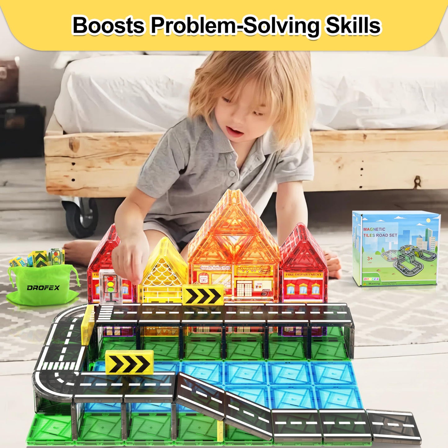 Drofex 82pcs Magnetic Tiles Road Set – STEM Building Toys for Kids 3+ | 100% Compatible
