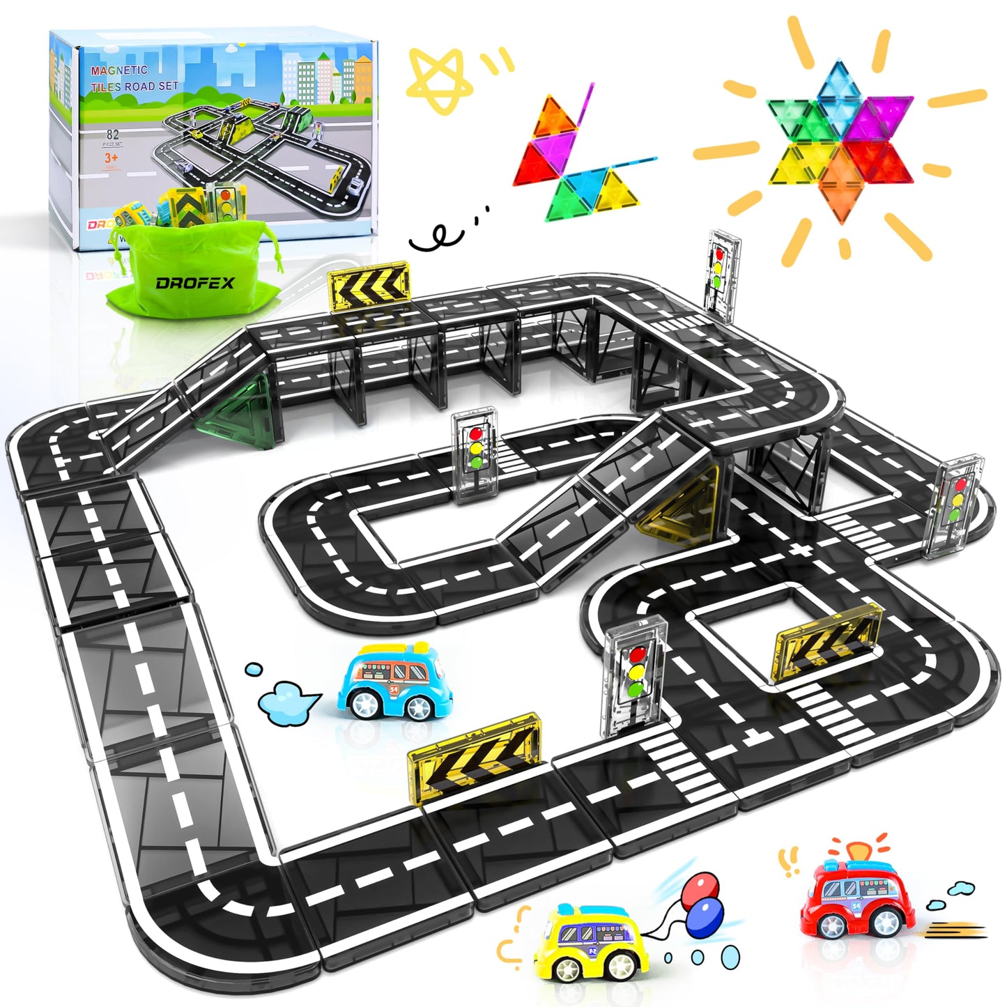 Drofex 82pcs Magnetic Tiles Road Set – STEM Building Toys for Kids 3+ | 100% Compatible