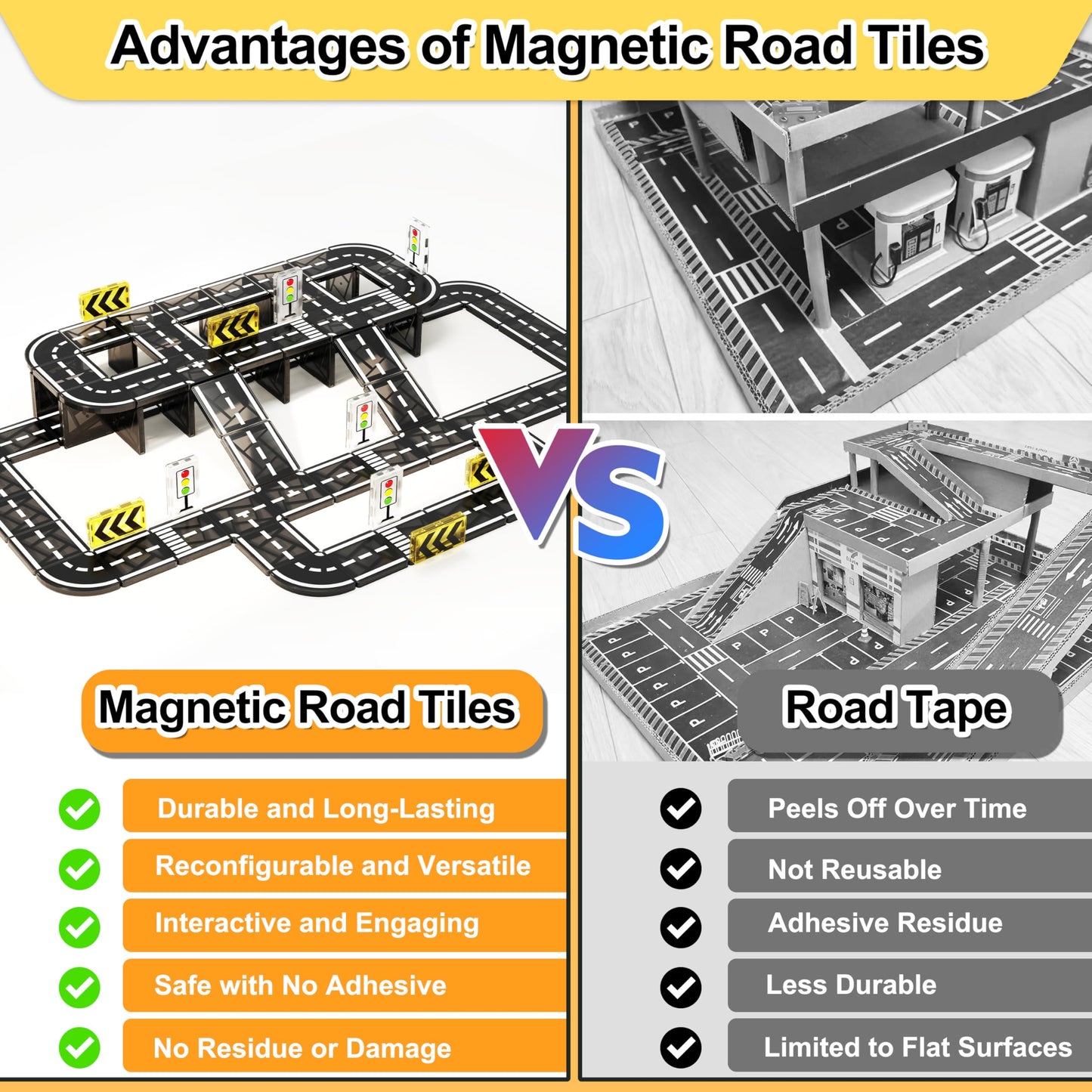 Drofex 82pcs Magnetic Tiles Road Set – STEM Building Toys for Kids 3+ | 100% Compatible