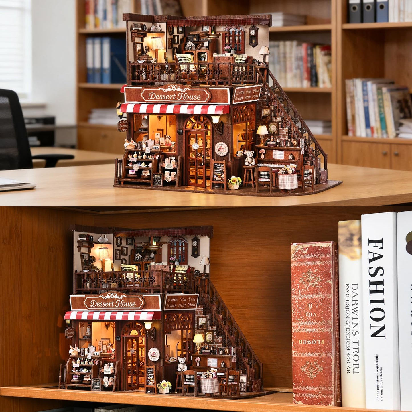 DROICC DIY Miniature House Kit - Two-Story Vintage Dessert Cafe with LED Lights