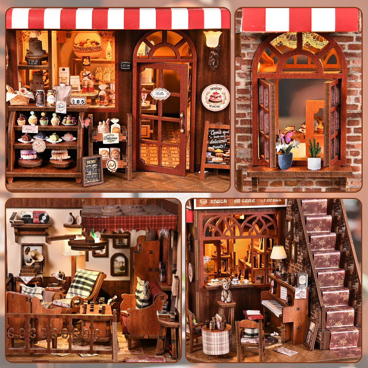 DROICC DIY Miniature House Kit - Two-Story Vintage Dessert Cafe with LED Lights