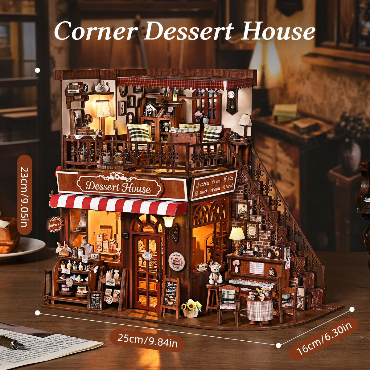 DROICC DIY Miniature House Kit - Two-Story Vintage Dessert Cafe with LED Lights