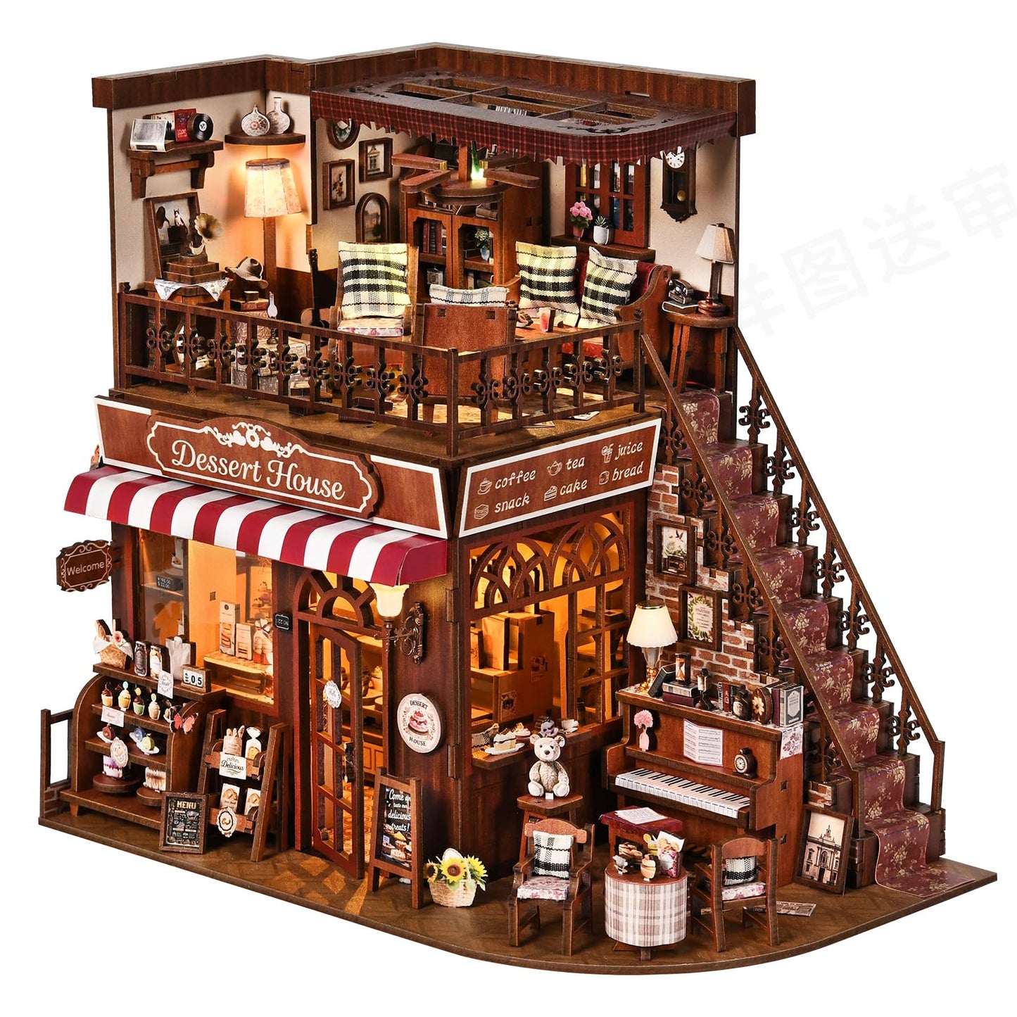 DROICC DIY Miniature House Kit - Two-Story Vintage Dessert Cafe with LED Lights
