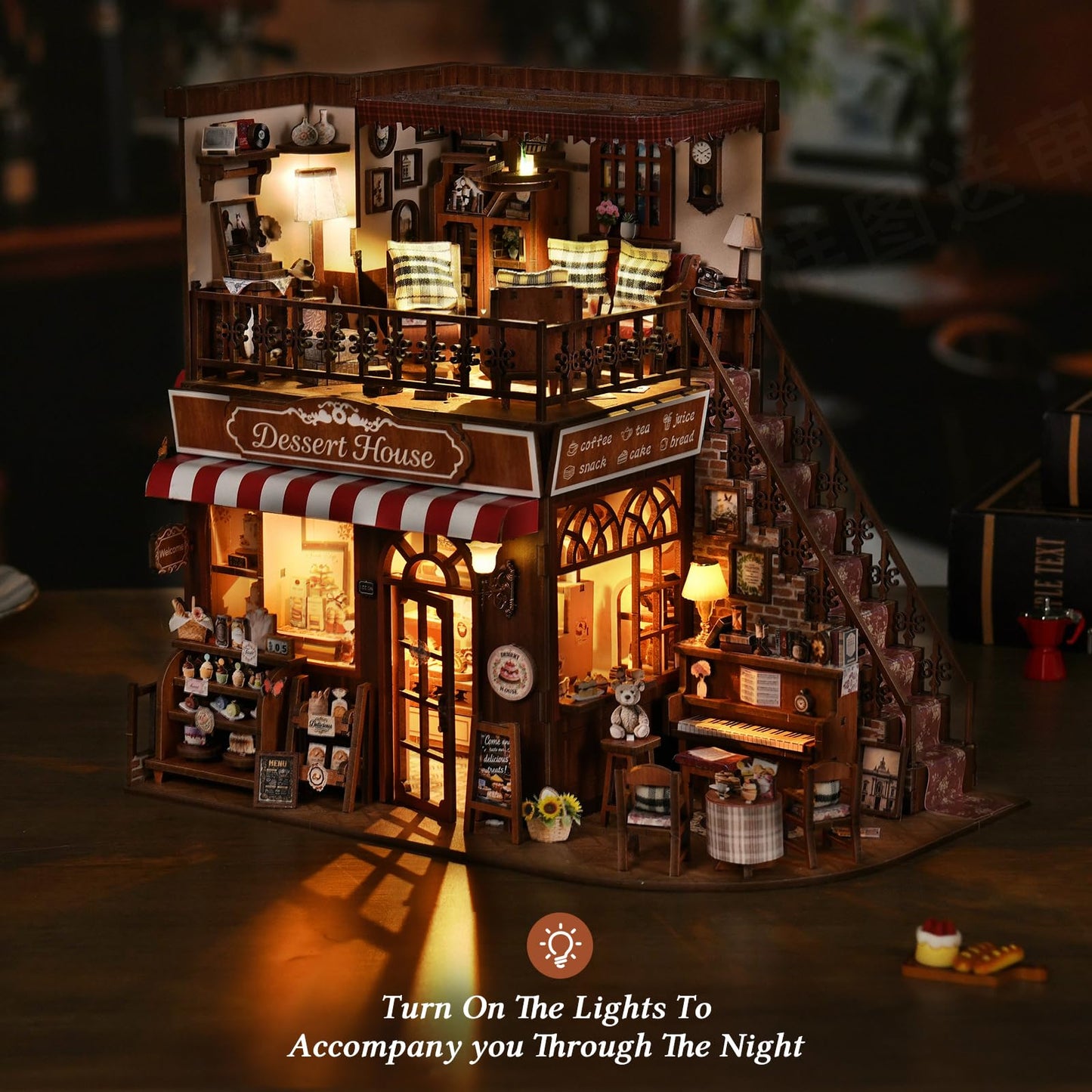 DROICC DIY Miniature House Kit - Two-Story Vintage Dessert Cafe with LED Lights