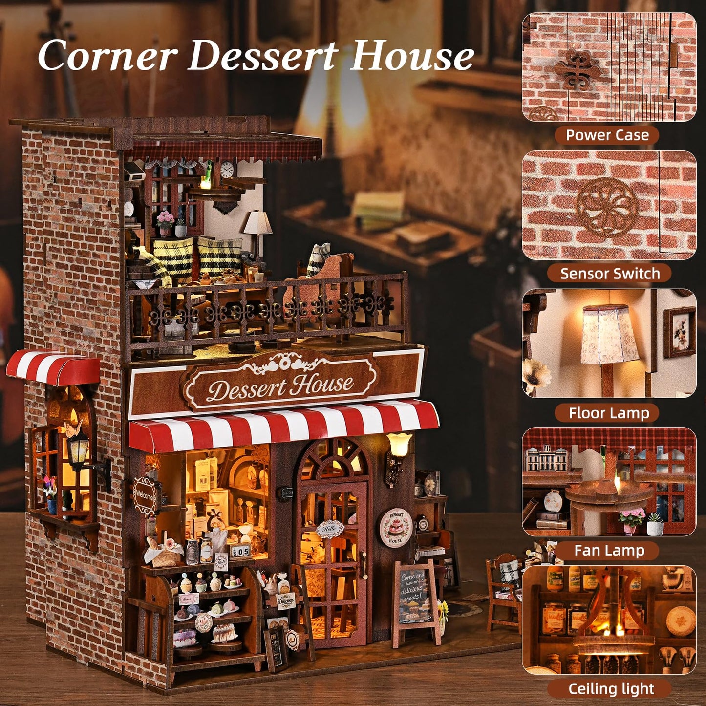 DROICC DIY Miniature House Kit - Two-Story Vintage Dessert Cafe with LED Lights