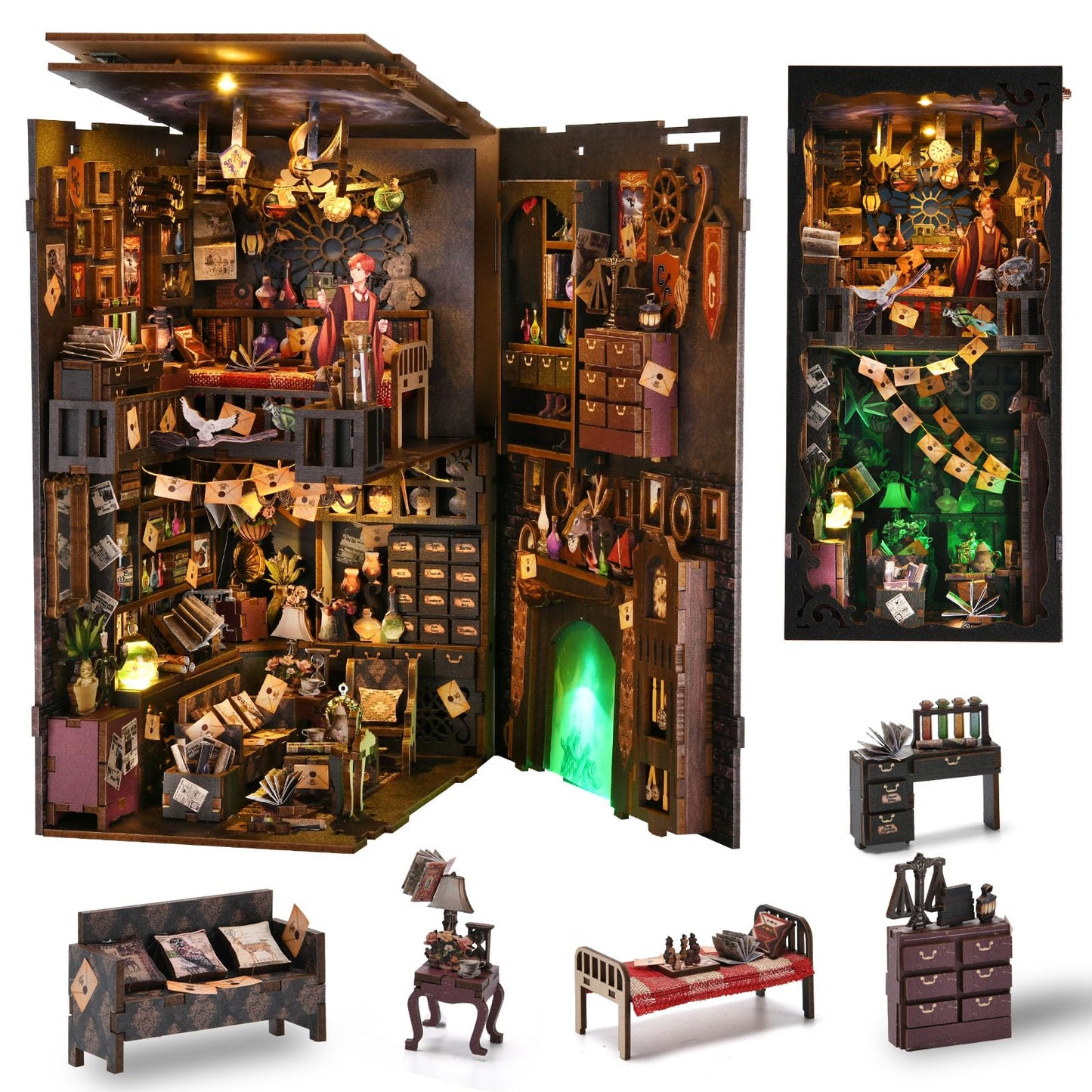 DROICC Book Nook Kit for Adults & Teens — DIY 3D Wooden Puzzle Bookends with LED Lights