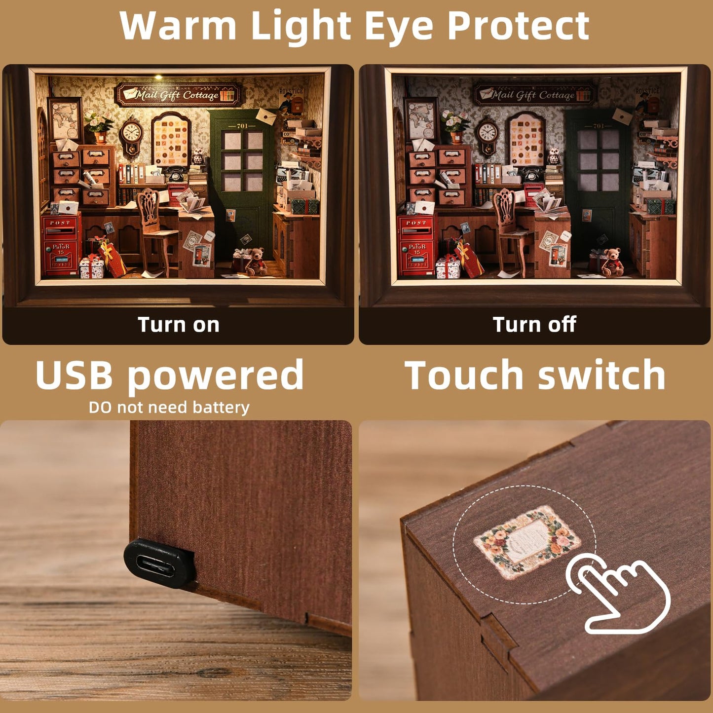 Book Nook Kit by DROICC: 3D Wooden Puzzle with LED Touch Control & Wall-Mount Frame